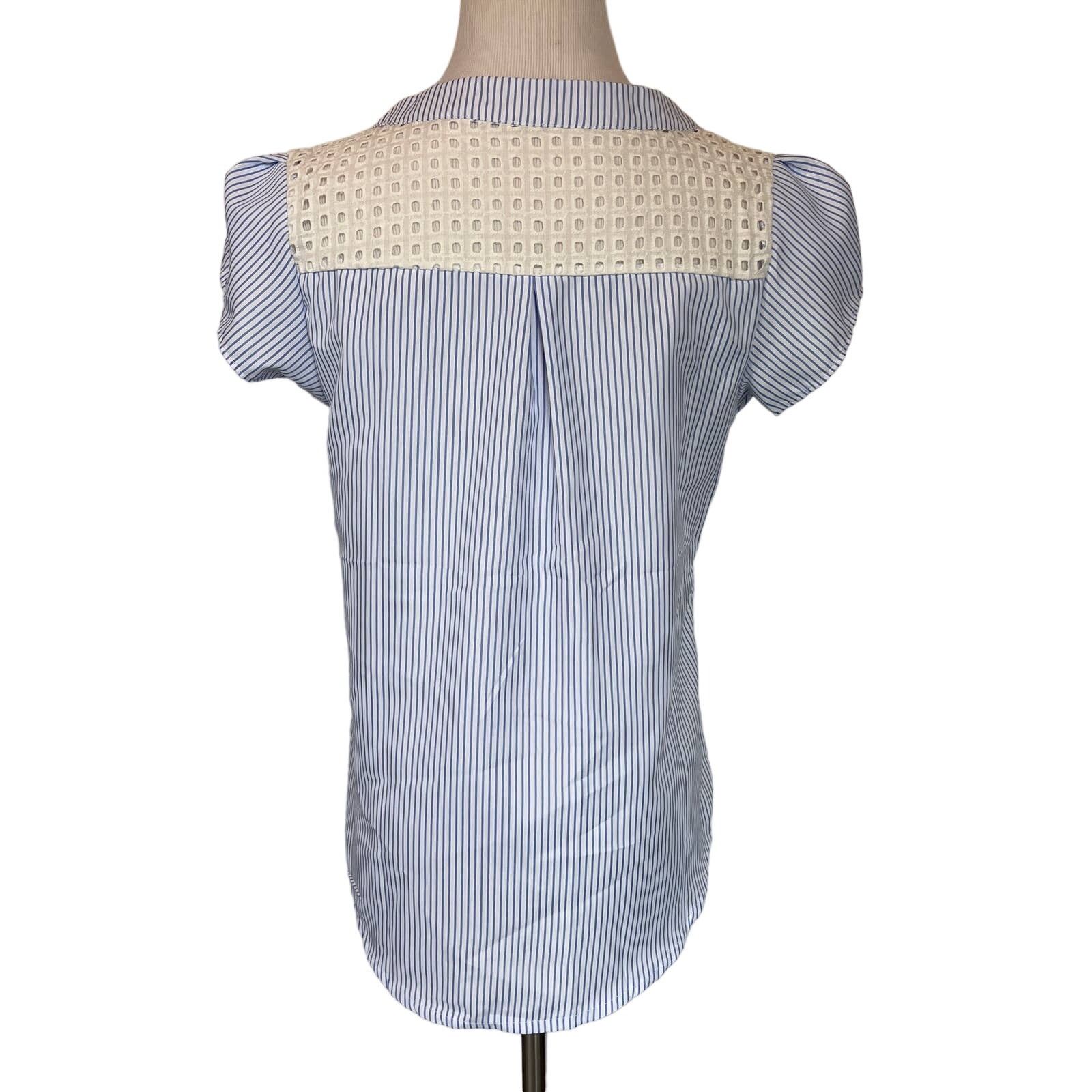 Other Blue & White Stripe Button Down Blouse Lace Short Sleeve Top Size M / US 6-8 / IT 42-44 - 5 Thumbnail