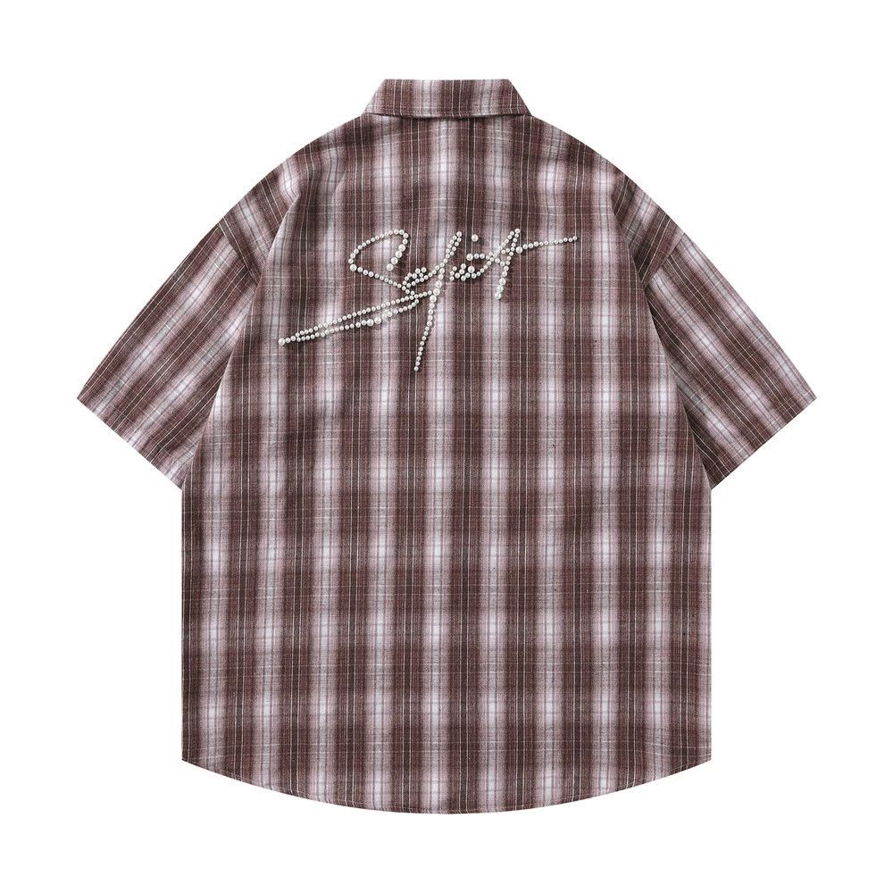 Vintage Men's retro letter beaded loose casual plaid shirt y2k Size US M / EU 48-50 / 2 - 2 Thumbnail