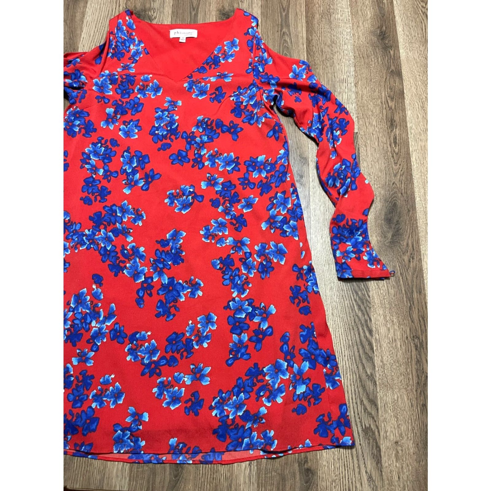Vintage Philosophy Dress Women's Small Red Blue Floral Long Sleeve Dress Open Arm V-neck Casual Knee Length Shift Vintage: No Size S / US 4 / IT 40 - 3 Thumbnail