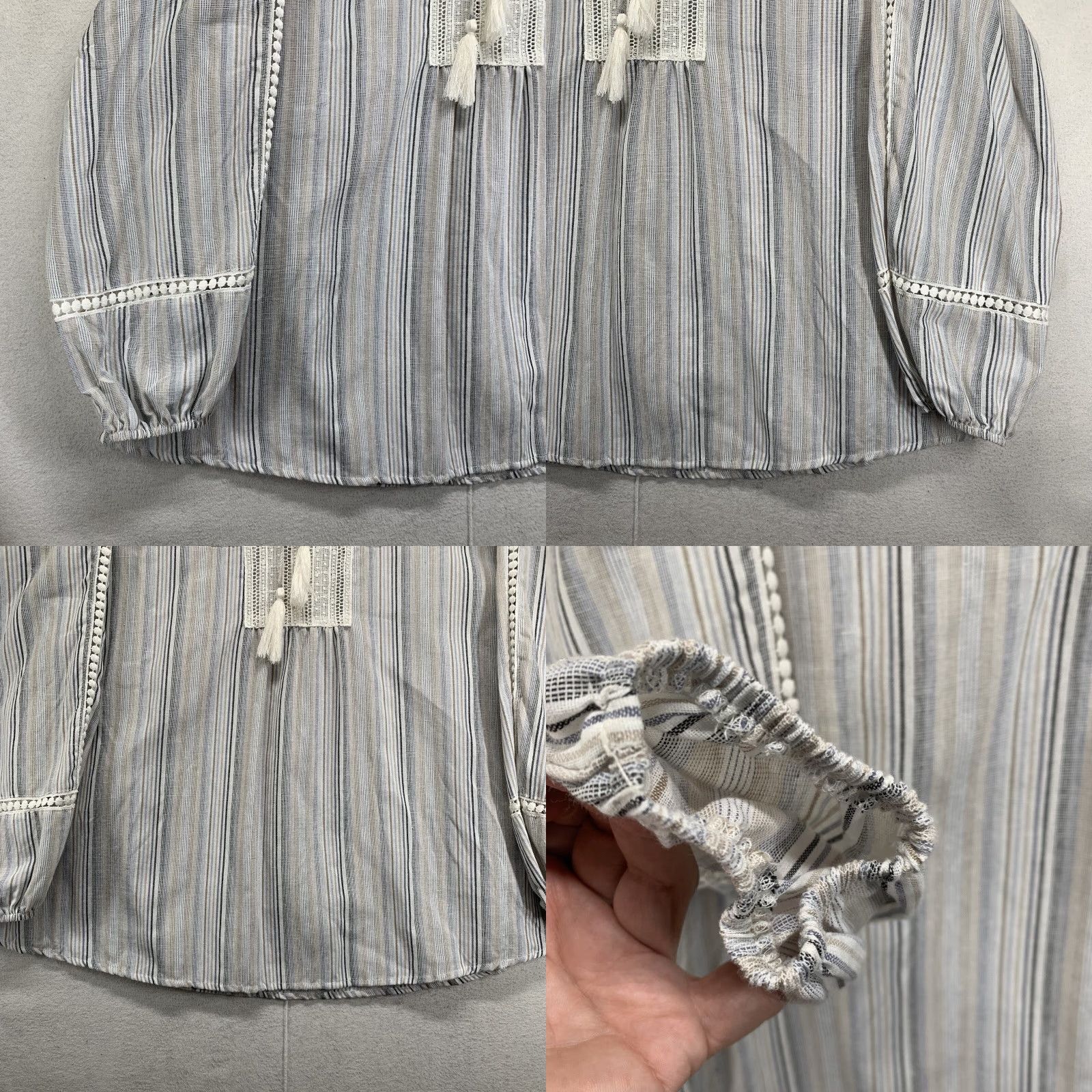 Vintage VINTAGE Mystree Women’s Medium Tunic Top Blouse Tie Neck Semi Sheer Stripes Earth Tones Boho Beach Summer Fashion Womens Size M / US 6-8 / IT 42-44 - 8 Thumbnail