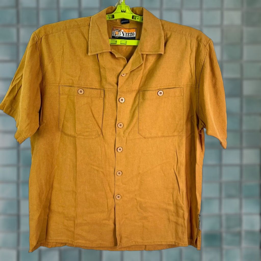 Vintage VEEZO Men's Linen Button-Up Shirt Size L Casual All Seasons Breathable 90s Western Tropical Tan Size US L / EU 52-54 / 3 - 1 Thumbnail
