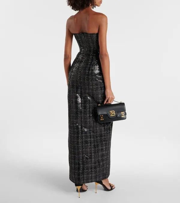 Balmain o1s1wg110825 Sequined Strapless Tweed Maxi Dress in Black Size L / US 10 / IT 46 - 3 Thumbnail