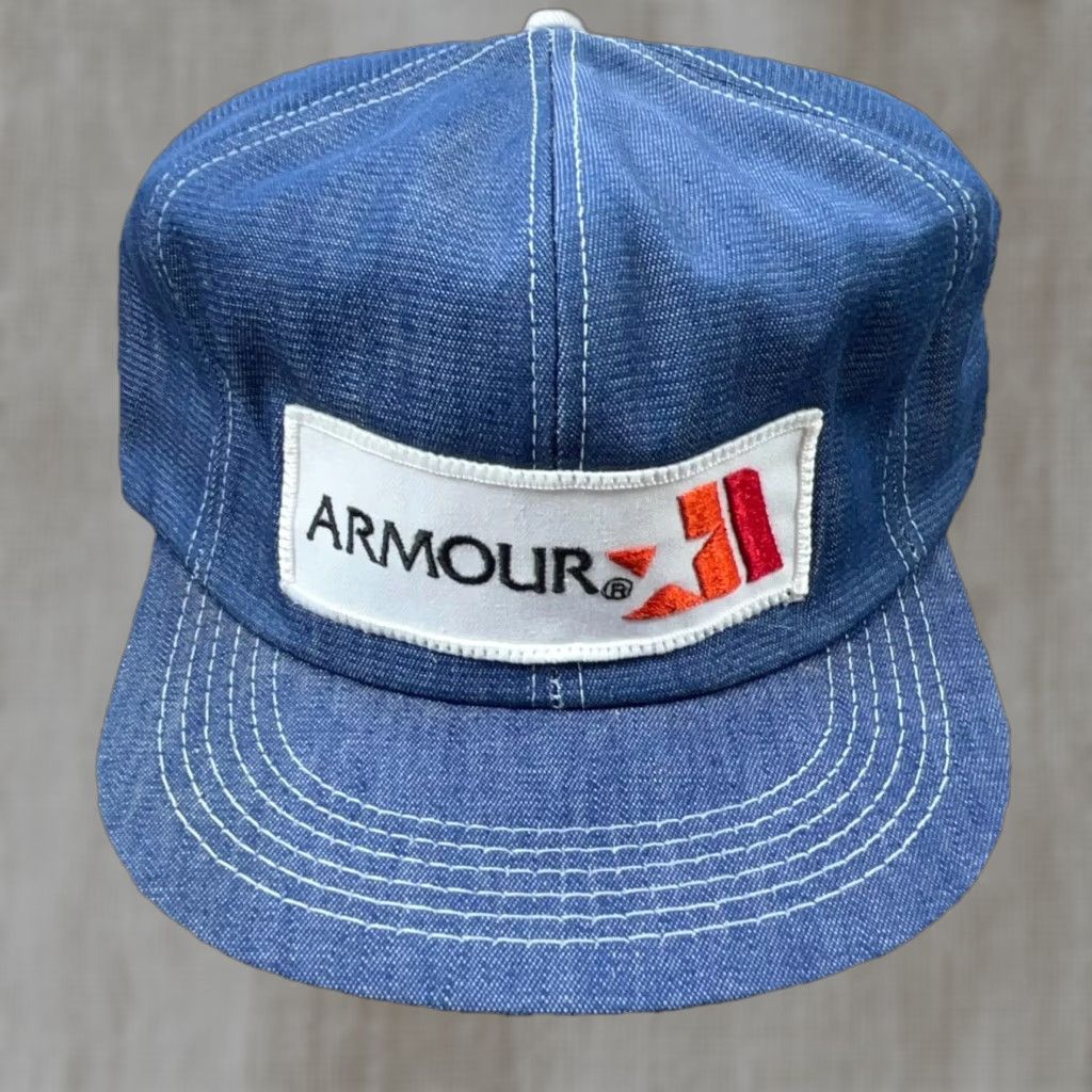 J Brand VINTAGE K-BRAND Trucker Hat Cap Snap Back Denim USA Patch 80s 90s Classic Retro Adjustable Mens One Size Blue Denim Hat Size US 35 - 1 Thumbnail