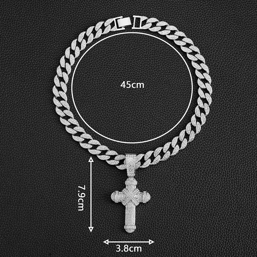 Jewelry 15mm Width Iced Cuban Chain & R.Stone Cross Pendant Necklace Size ONE SIZE - 2 Thumbnail