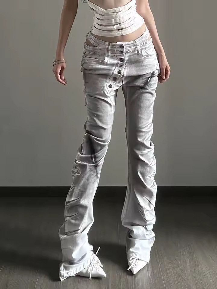 Jean Y2k style flared low waist washed jeans pants Size 28" / US 6 / IT 42 - 1 Thumbnail