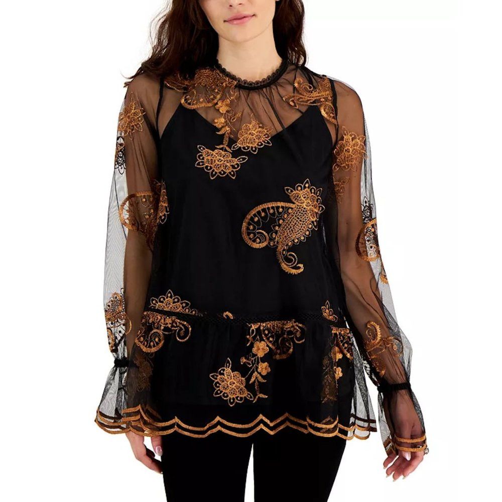 Other NWT New Fever Embroidered Mesh Long Sleeve Black Gold Top B Size XS / US 0-2 / IT 36-38 - 1 Thumbnail