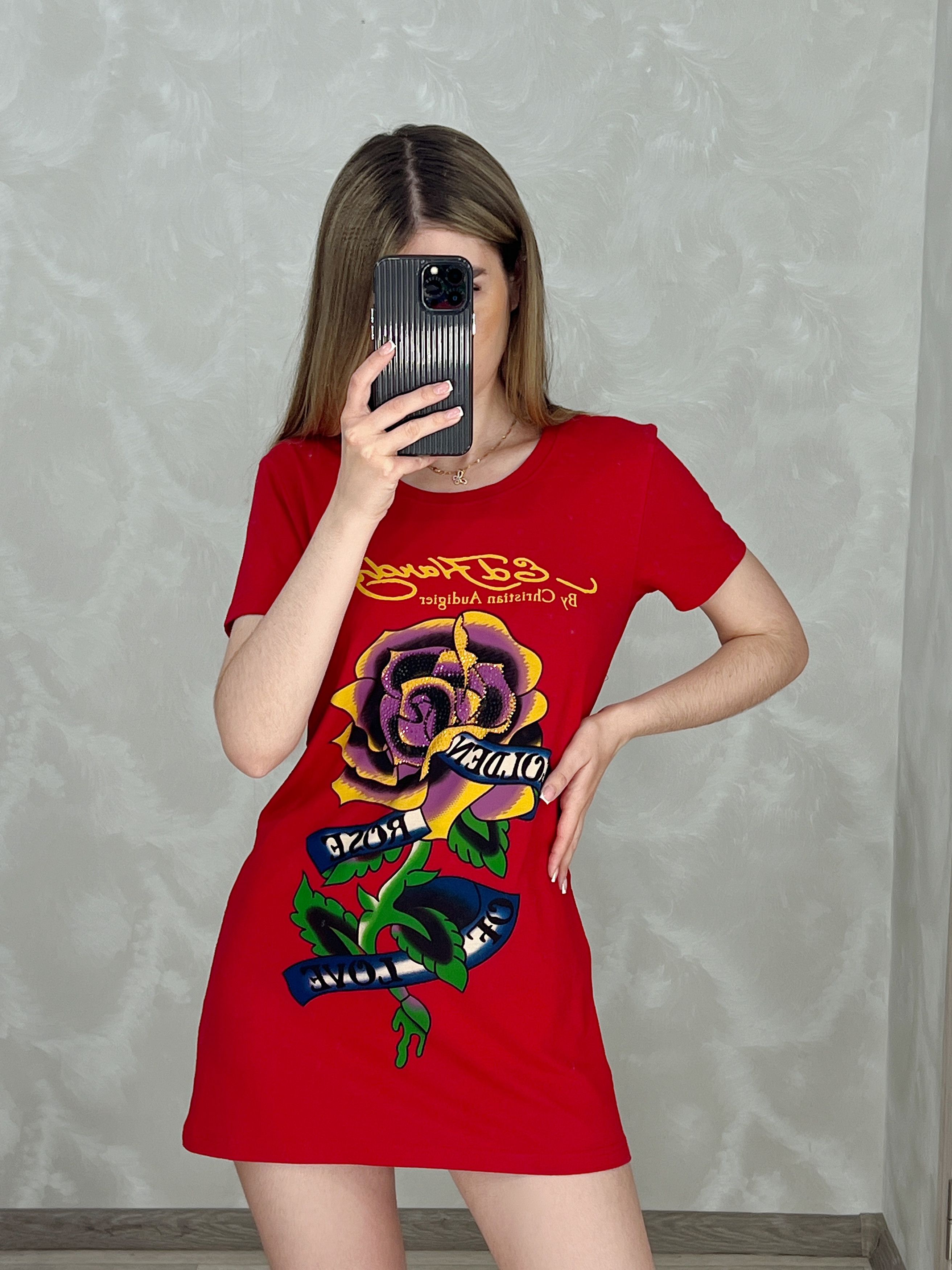 Christian Audigier × Ed Hardy Ed Hardy Mini Dress Tunica Golden Rose of Love Size M / US 6-8 / IT 42-44 - 2 Thumbnail