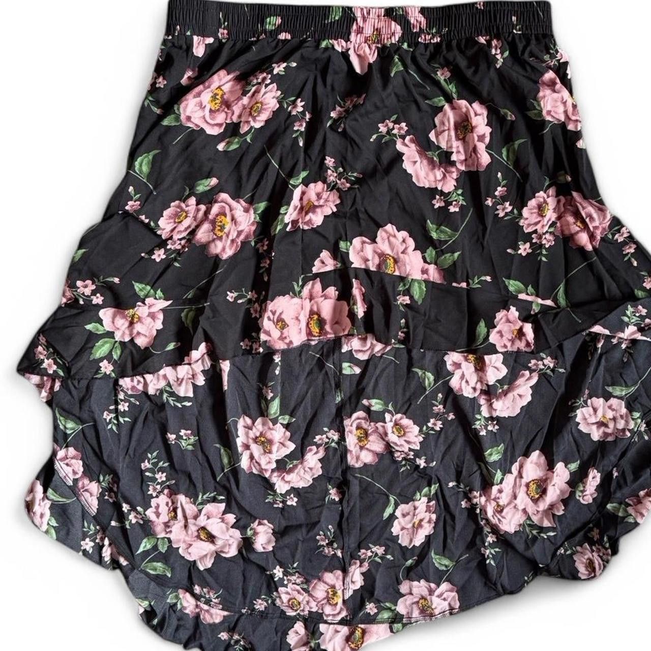 Designer Floral Ruffled Hi-Low Skirt - Black with Pink Flowers Size 42" / US 20 - 3 Thumbnail
