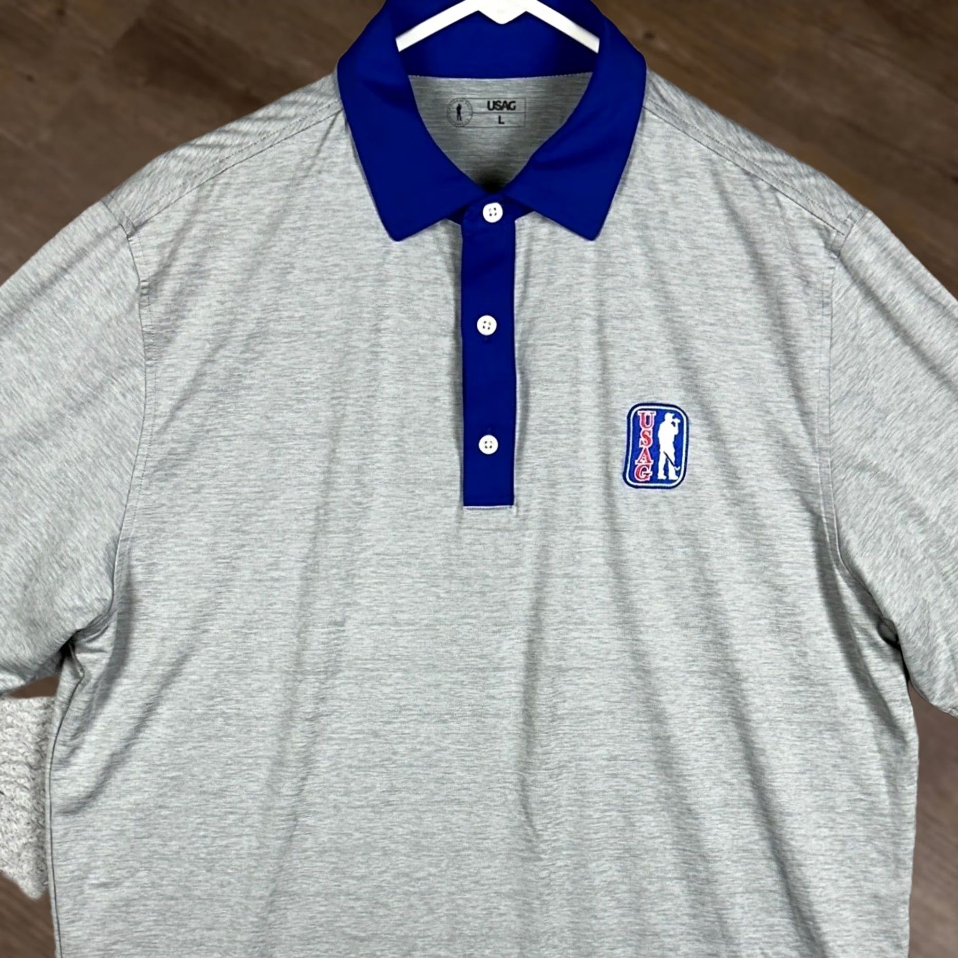 Vintage USAG Polo Shirt Mens L Gray Heather Performance Stretch Short Sleeve Golf Rugby EUC Size US L / EU 52-54 / 3 - 1 Thumbnail