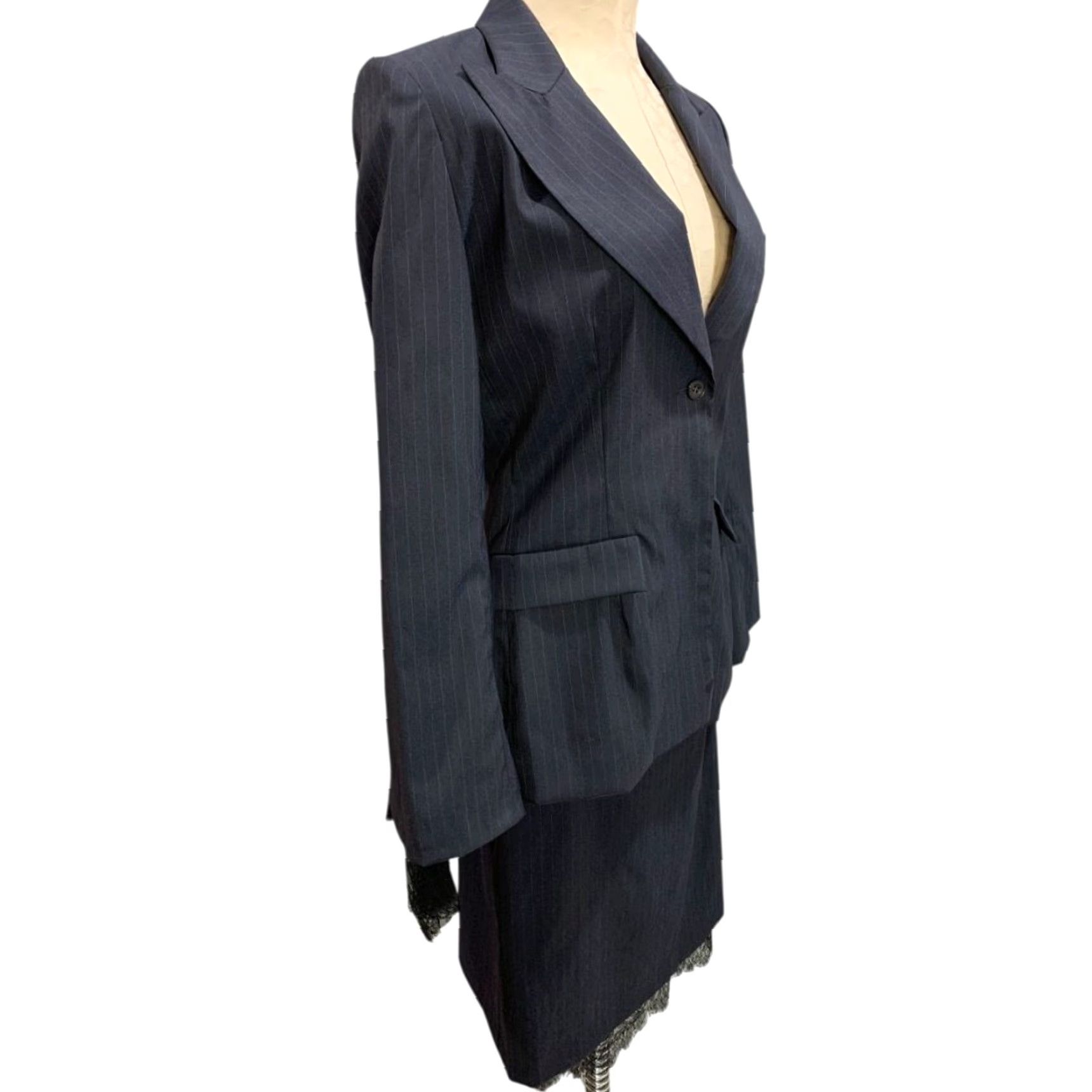 Vintage VINTAGE Marcel Marongiu Skirt Suit Black Pinstripe Lace Trim Size 38 Women Size 26" / US 2 / IT 38 - 7 Thumbnail
