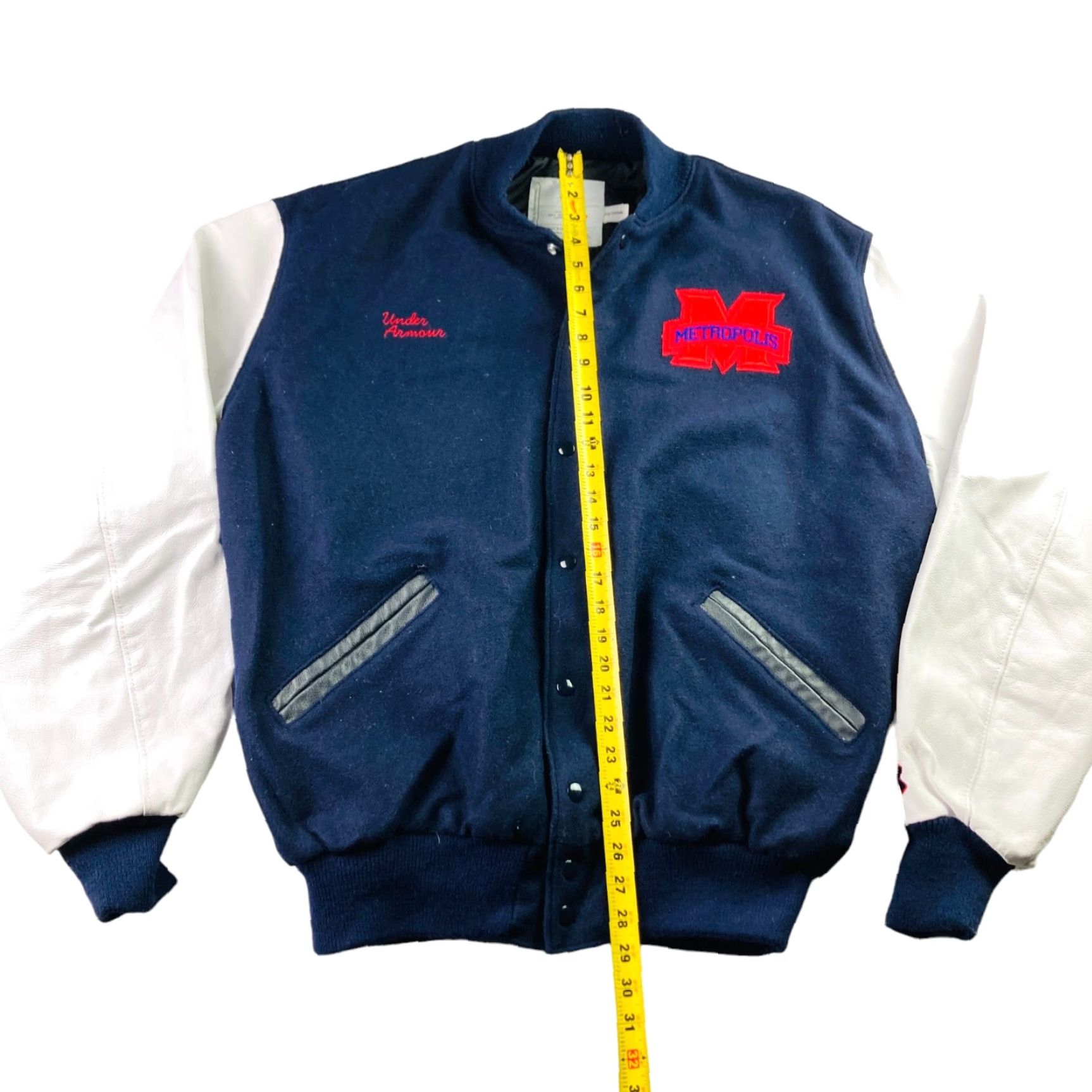 Under Armour Under Armour Metropolis Alter Ego Varsity Jacket Navy/White 2XL Mens Wool/Nylon Snap Button Pockets Leather Arms Regular Size Guide Size US XXL / EU 58 / 5 - 4 Thumbnail