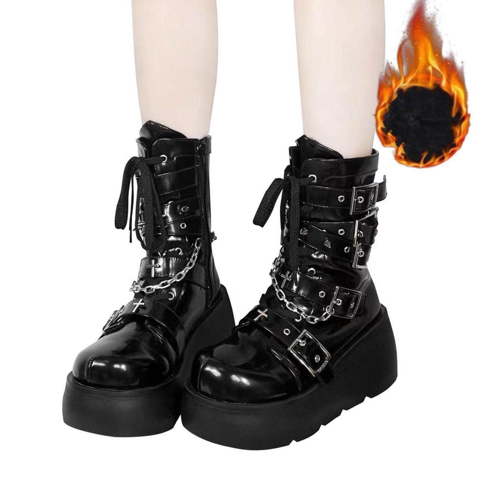 The Unbranded Brand Y2K Hot Girl Thick Bottom Round Head Cross Cool Boots Size ONE SIZE - 5 Thumbnail