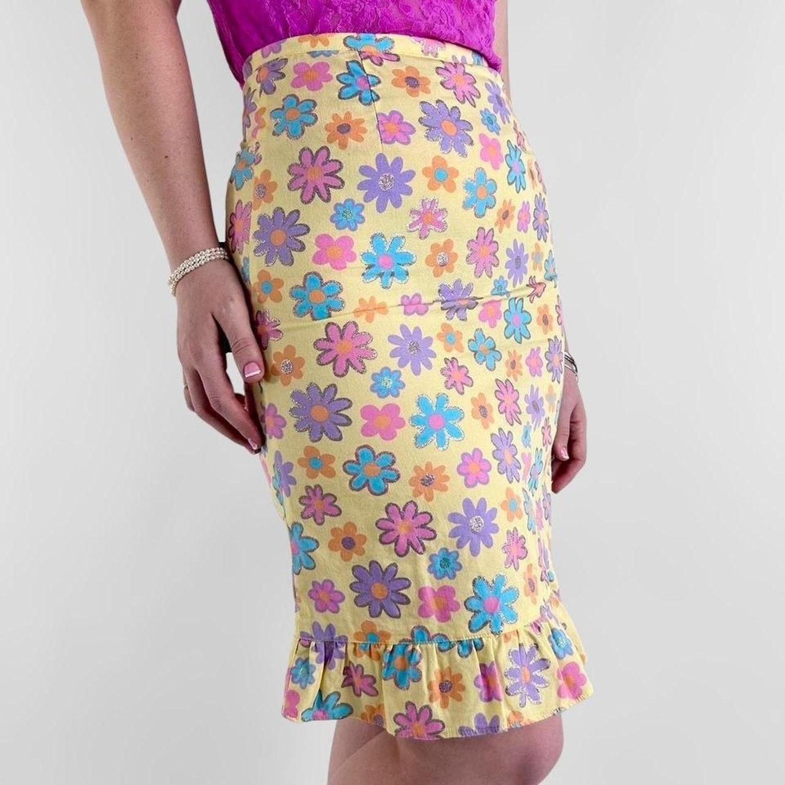 Other y2k yellow pink floral midi skirt Size 28" / US 6 / IT 42 - 2 Thumbnail