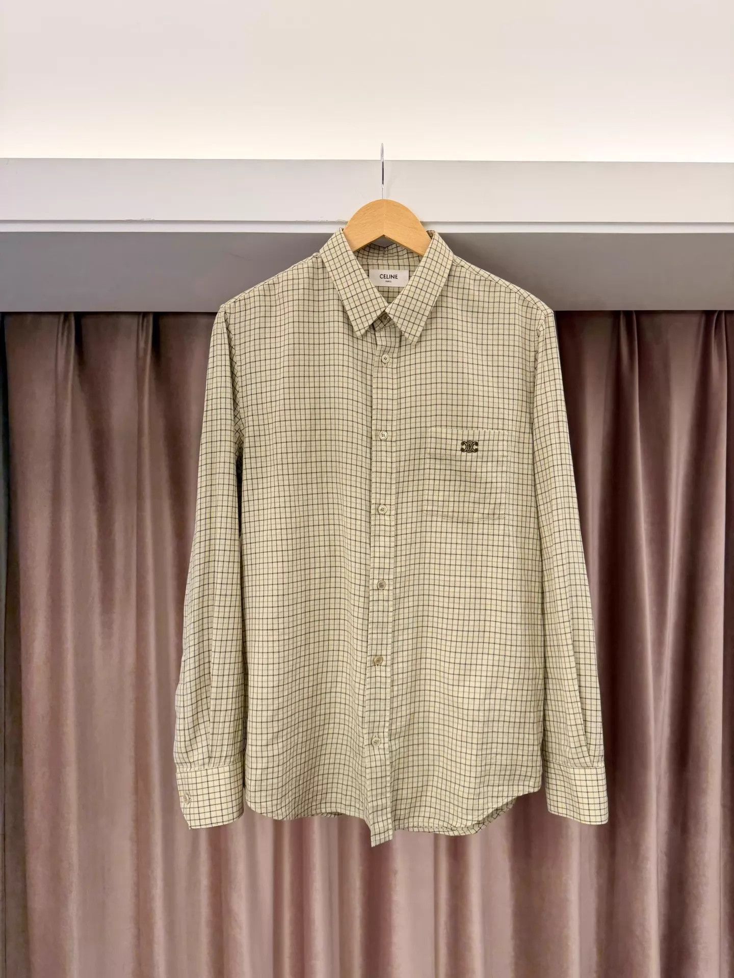 Celine Beige Checkered Long Sleeve Button-Up Shirt M Size US M / EU 48-50 / 2 - 1 Thumbnail