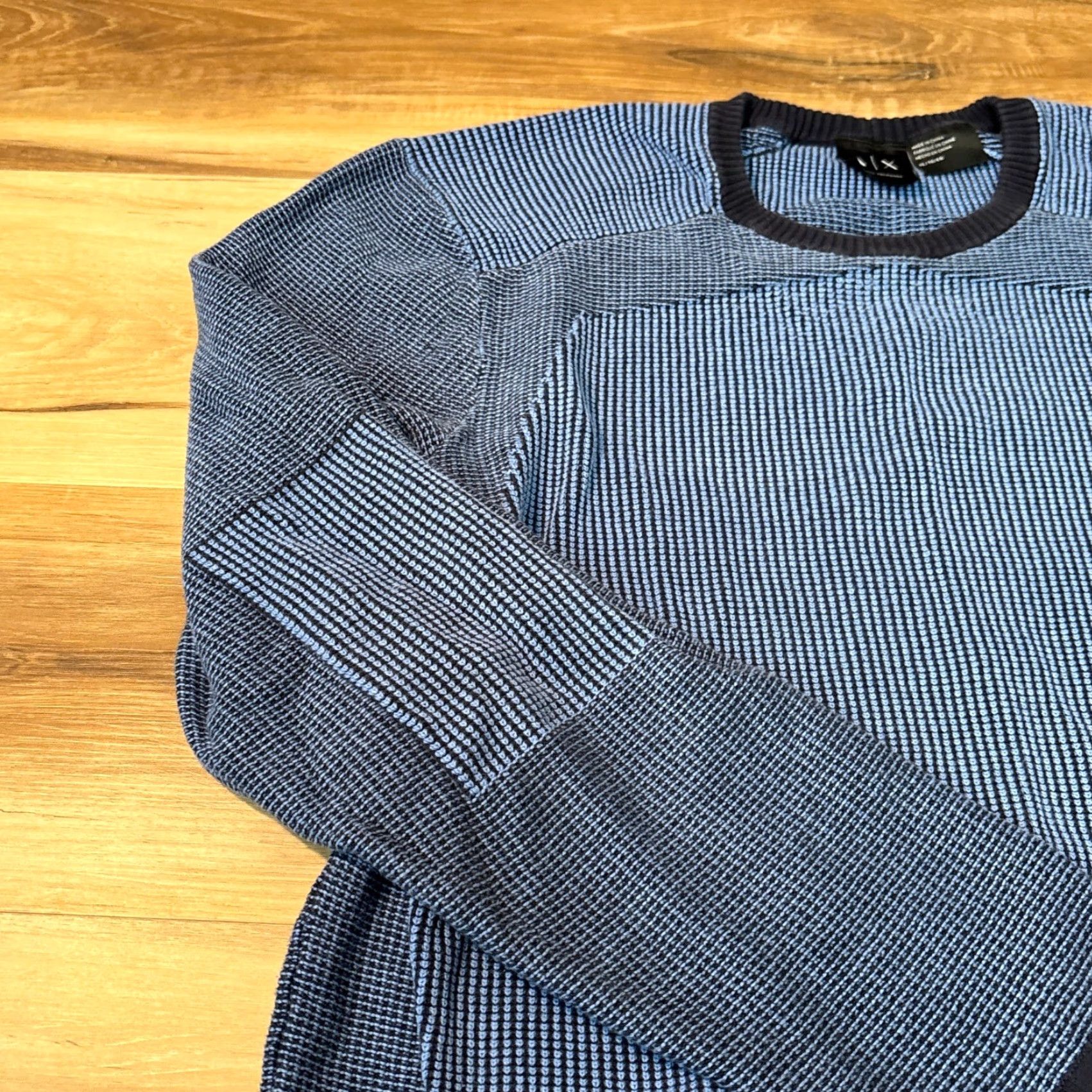 Armani Exchange Armani Exchange Mens XL Blue Waffle-Knit Crewneck Sweater Geometric Knit Logo Casual Pullover Used for Travel, Fall, Winter, Spring Womens? Size US XL / EU 56 / 4 - 3 Thumbnail