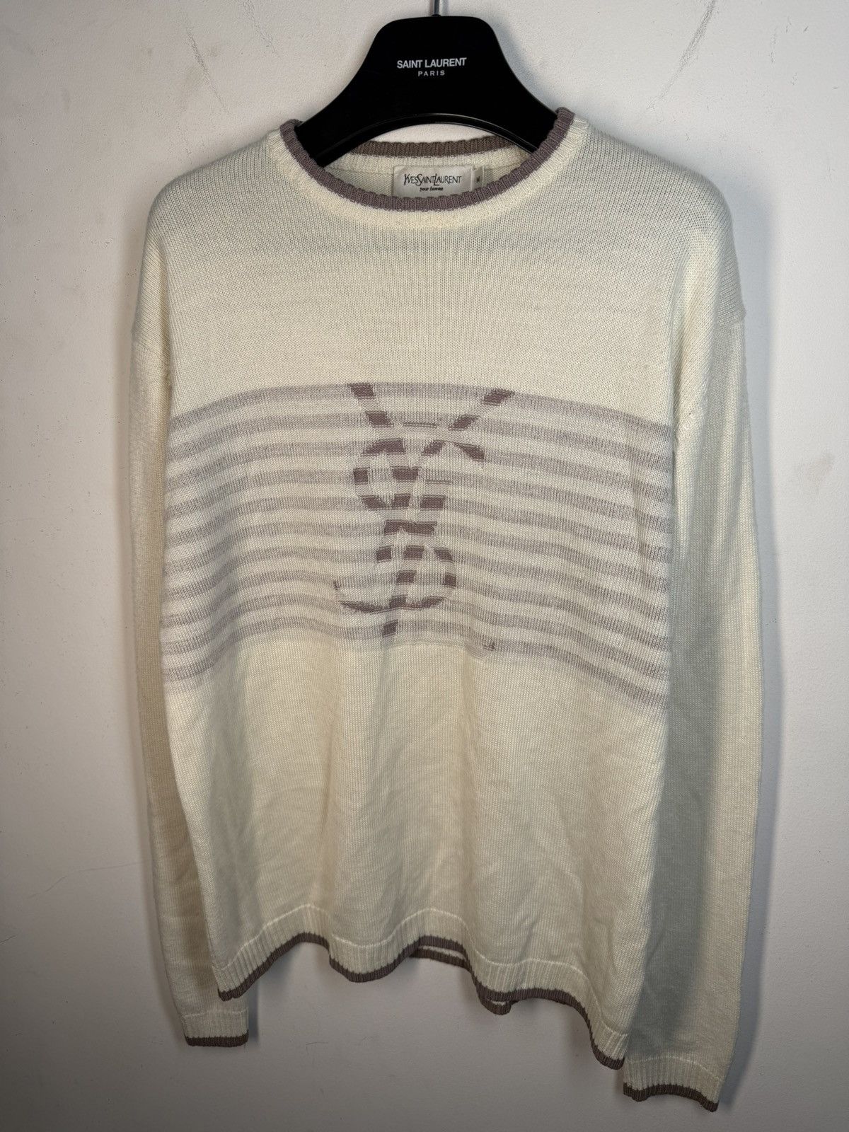 Yves Saint Laurent Beige YSL Sweater Big Logo Lightweight Size US M / EU 48-50 / 2 - 11 Thumbnail