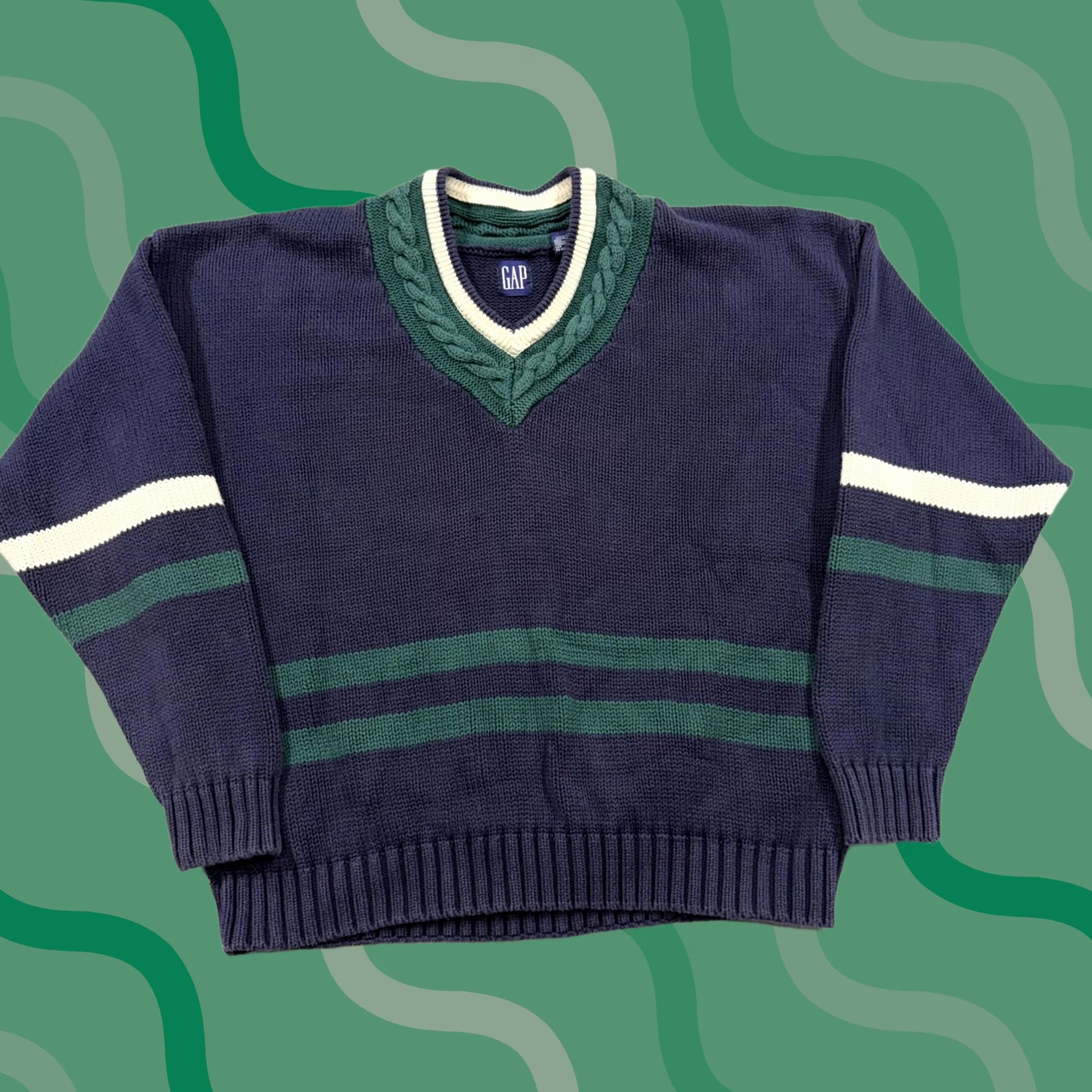 Gap VINTAGE Gap Sweater Mens XL Cable-Knit Striped Blue 90s Pullover Knit Winter Regular Long Sleeve V-Neck Boys/Mens Size US XL / EU 56 / 4 - 1 Thumbnail