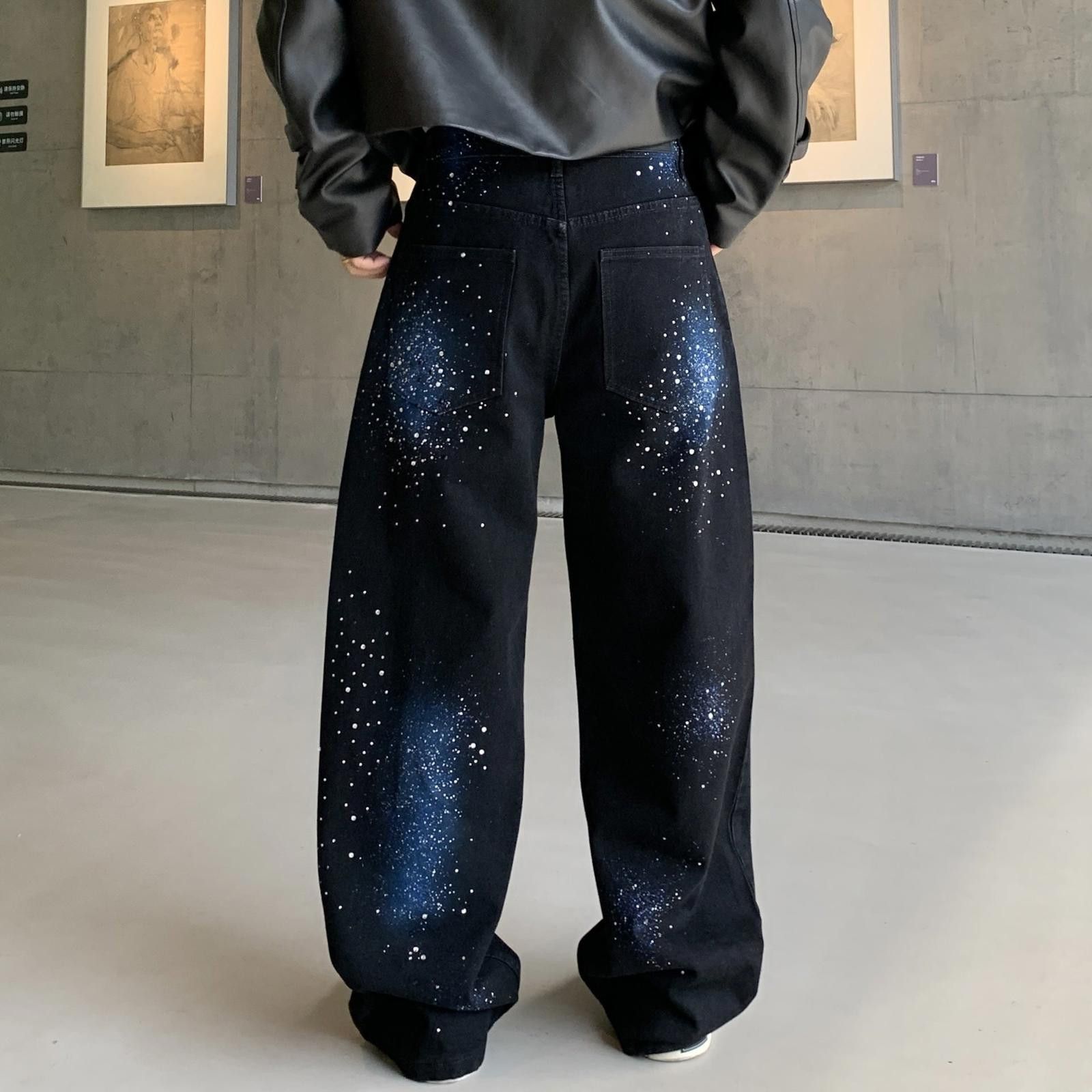 Japanese Brand Black Galaxy Print Wide Leg Jeans, Baggy Denim Pants Size US 32 / EU 48 - 4 Thumbnail