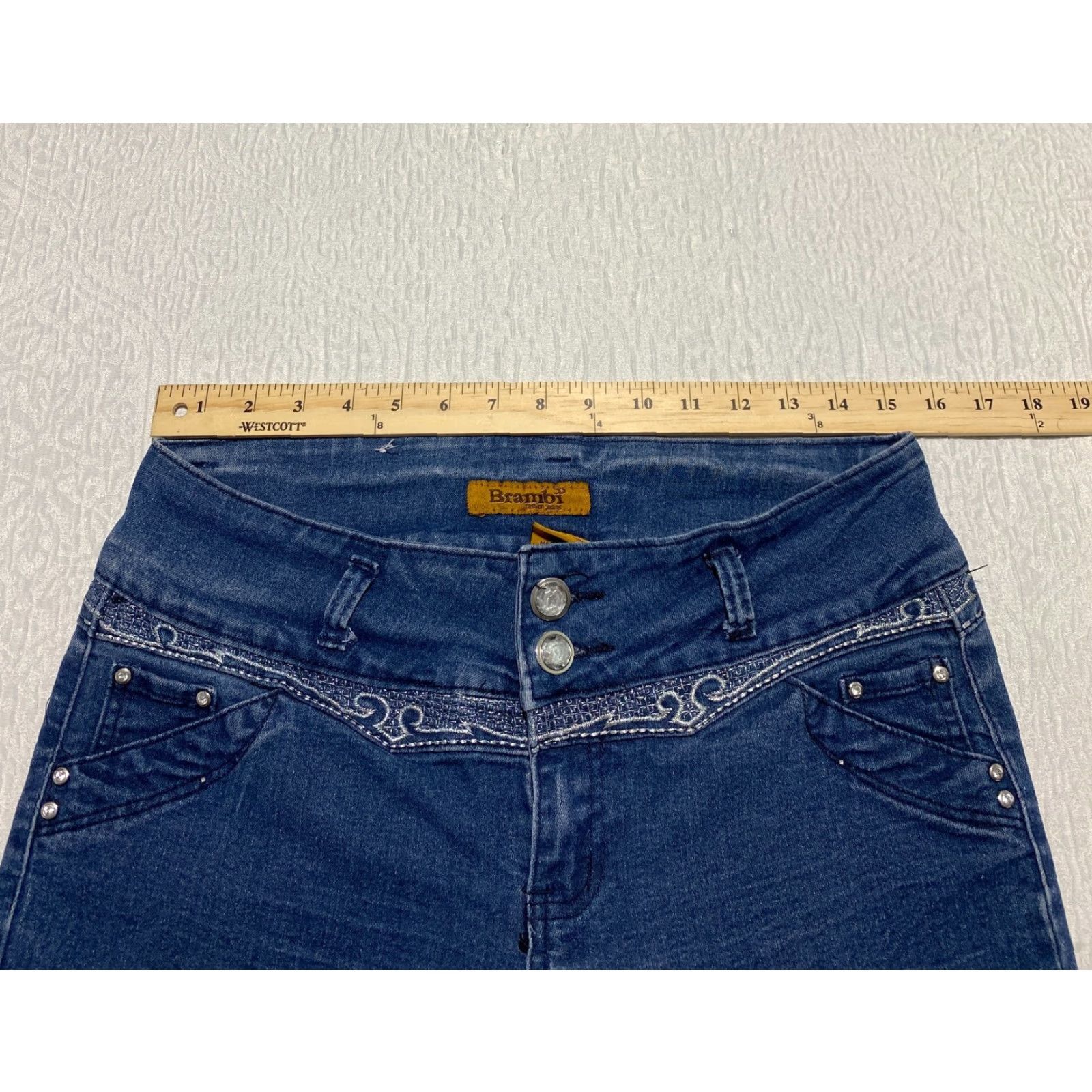 Denime Brambi Fashion Jeans Jeans Blue Stretch Denim Rhinestone Juniors Size 15 Slim Regular 5-Pocket Women Girls Mens Size 30" / US 8 / IT 44 - 6 Thumbnail