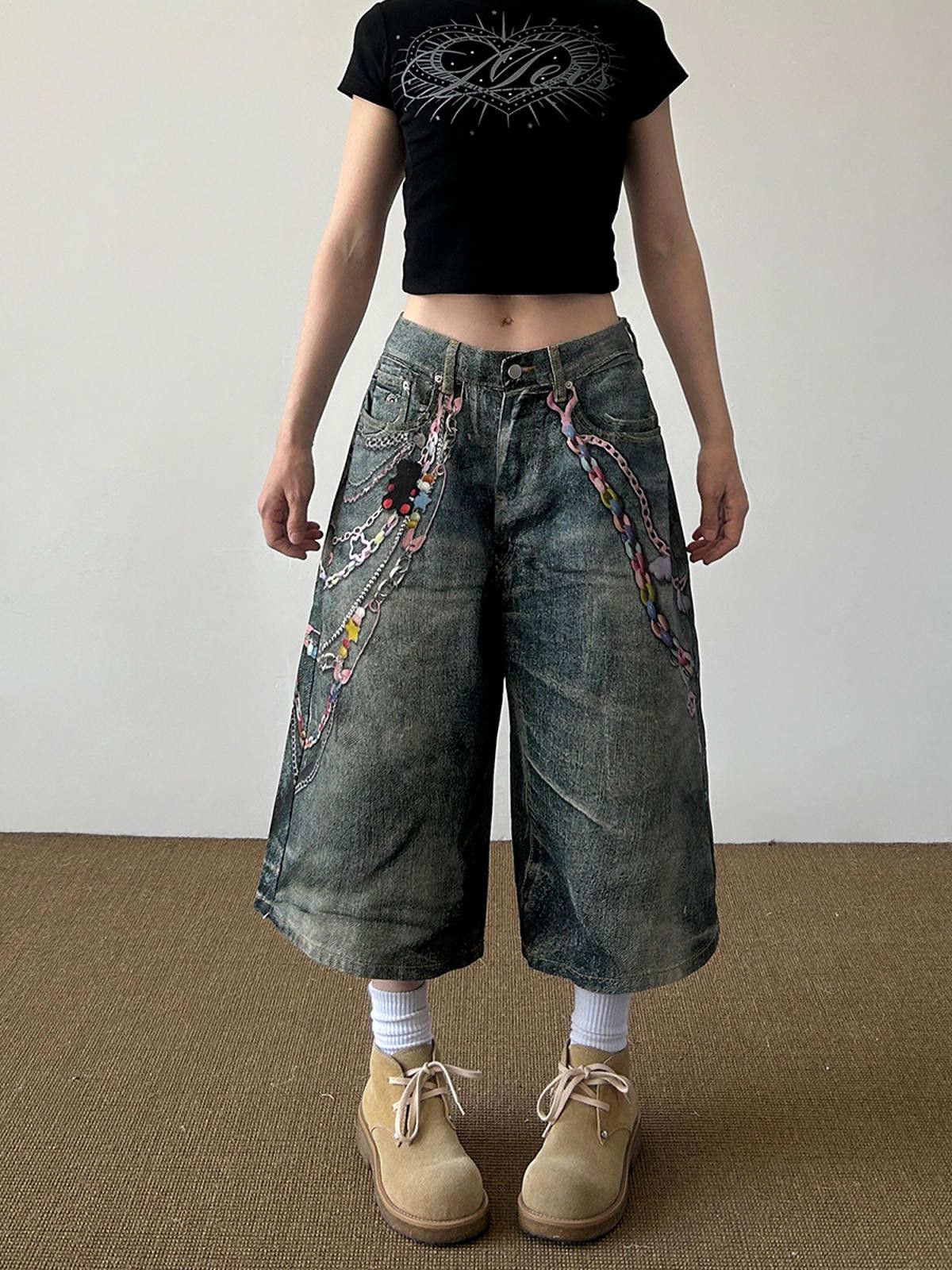 Other Wide Leg Loose Chain Print Distressed Jorts Size US 29 - 3 Thumbnail