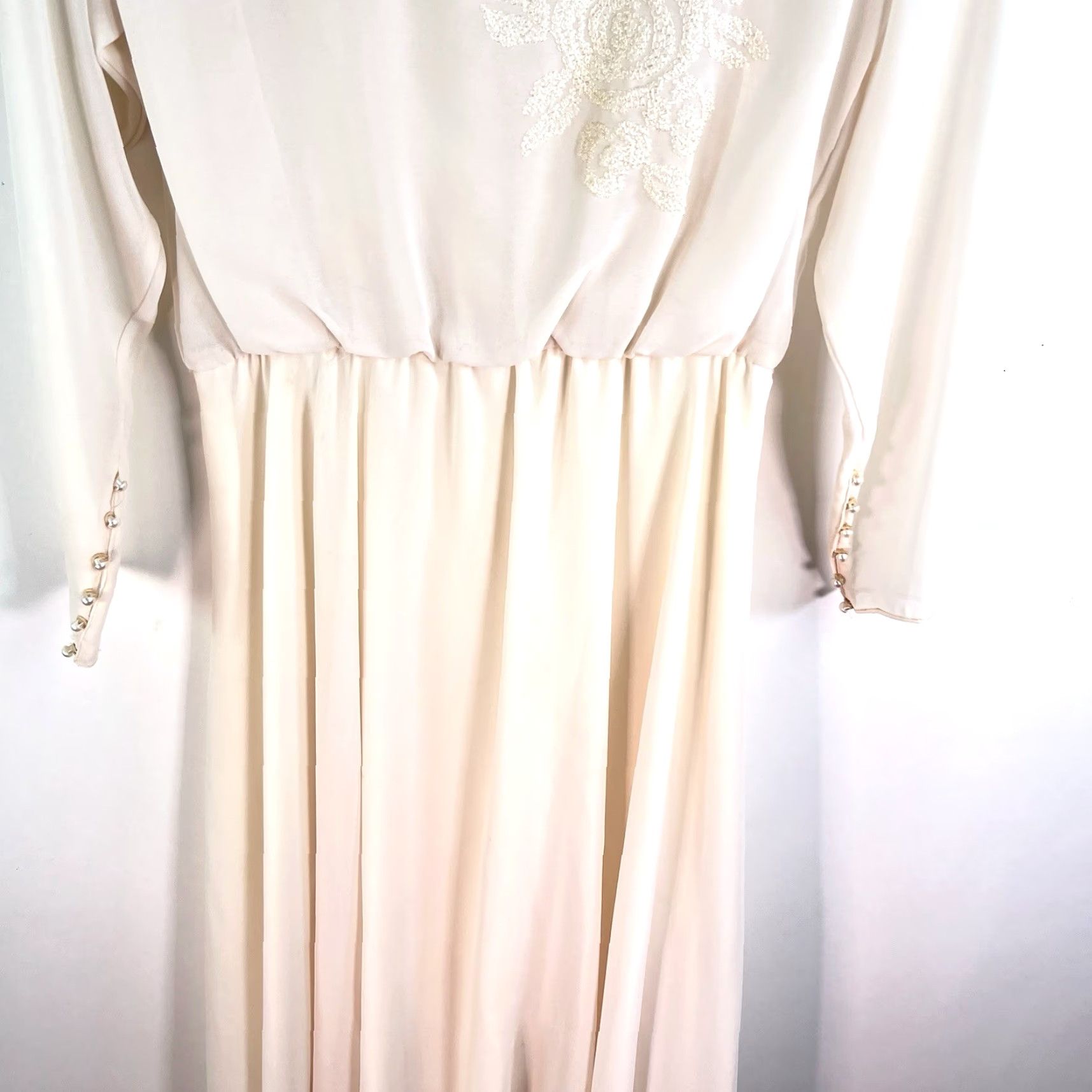 Vintage VINTAGE Ursula of Sweden Dress Chiffon Floral Drop Waist Midi Ivory 12 Womens 70s Size XL / US 12-14 / IT 48-50 - 3 Thumbnail