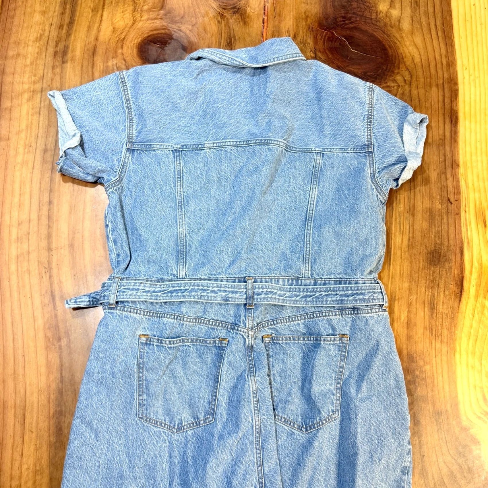 Vintage Abercrombie & Fitch Jumpsuit Women's XL Denim One-Piece Zip Straight Leg Tie Waist P15 Casual Bohemian Knit Cotton Blend Inseam 30" Size 40" / US 18 - 6 Thumbnail