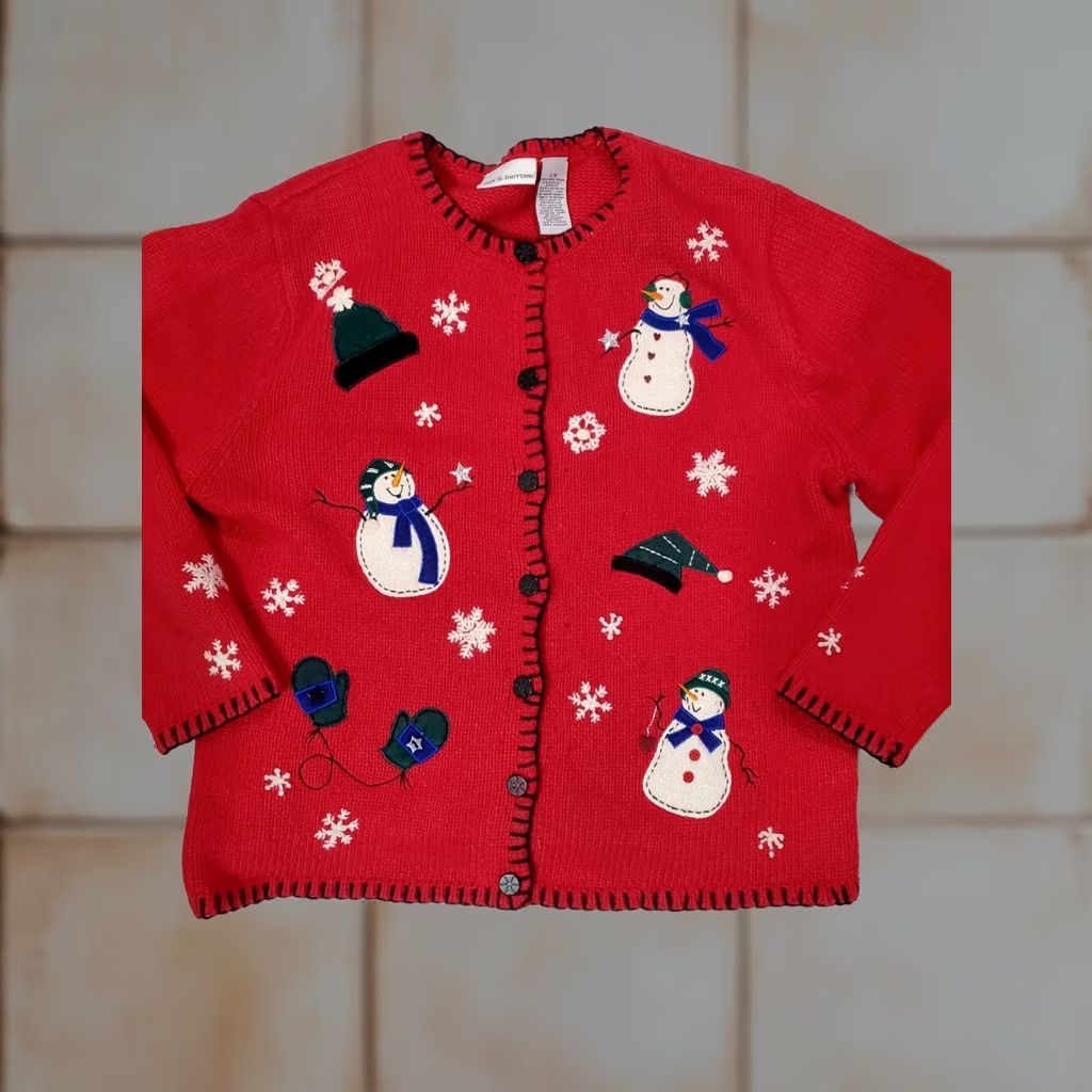 Croft & Barrow VINTAGE Croft & Barrow Cardigan Womens Large Red Christmas Sweater Snowmen Snowflakes Knit Embroidered Button Size L / US 10 / IT 46 - 1 Thumbnail