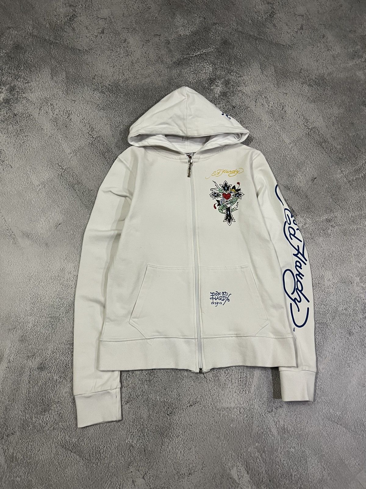 Christian Audigier × Ed Hardy × Vintage Vintage Y2k Ed Hardy 🤍 Cross Tattoo ❤️ Zip Hoodie 00’s Size S / US 4 / IT 40 - 1 Thumbnail