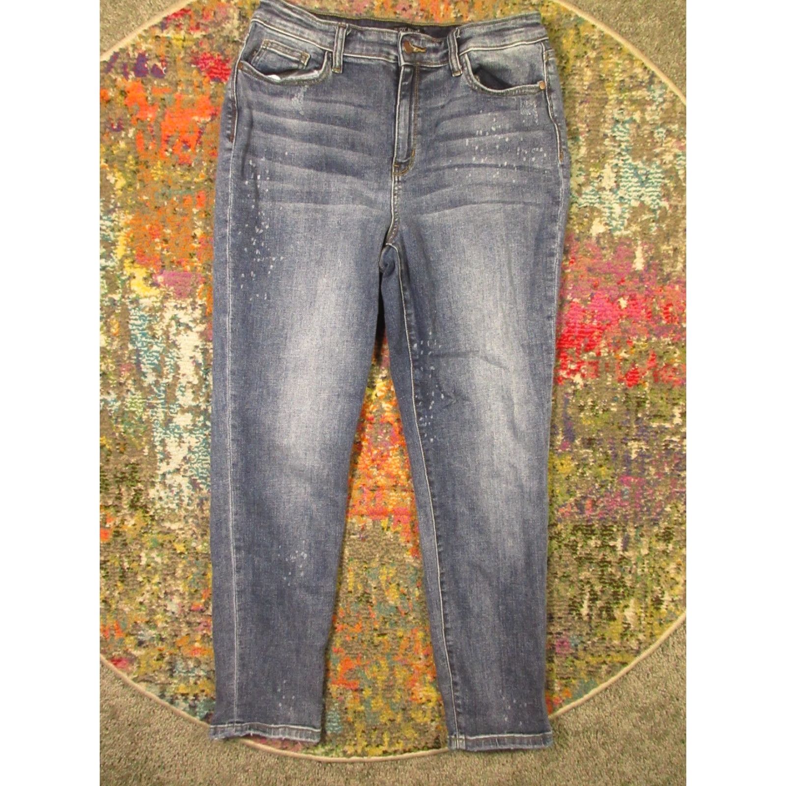 Denime Judy Blue Jeans Womens Boyfriend Fit 30x30 Denim Distressed Stretch Medium Wash Bleach Spots 5-Pocket Cuffed Button Zip Casual Size 30" / US 8 / IT 44 - 2 Thumbnail