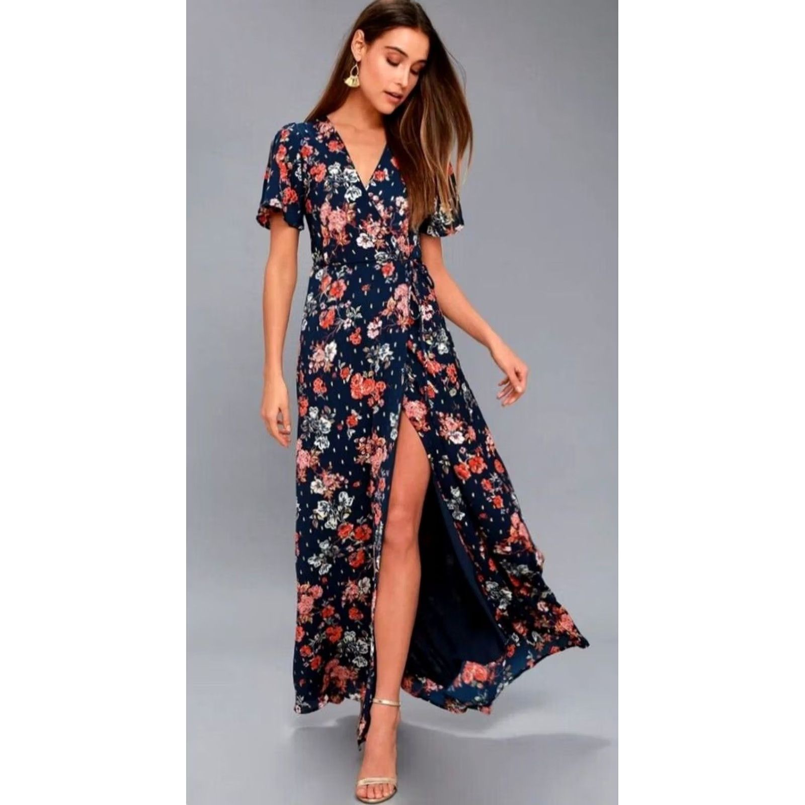 Lulus Lulu's Divine Days Navy Blue Floral Printed Wrap Maxi Women's Dress XS Size XS / US 0-2 / IT 36-38 - 3 Thumbnail
