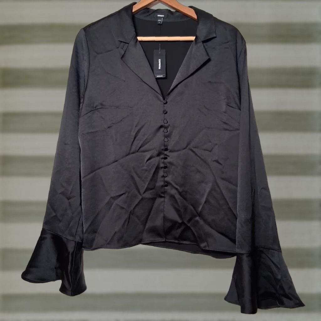 Express Express Blouse Shirt M Black Satin V-Neck Long Sleeve Flare Cuffs Button Gothic Vampire Fairy NEW Size M / US 6-8 / IT 42-44 - 1 Thumbnail