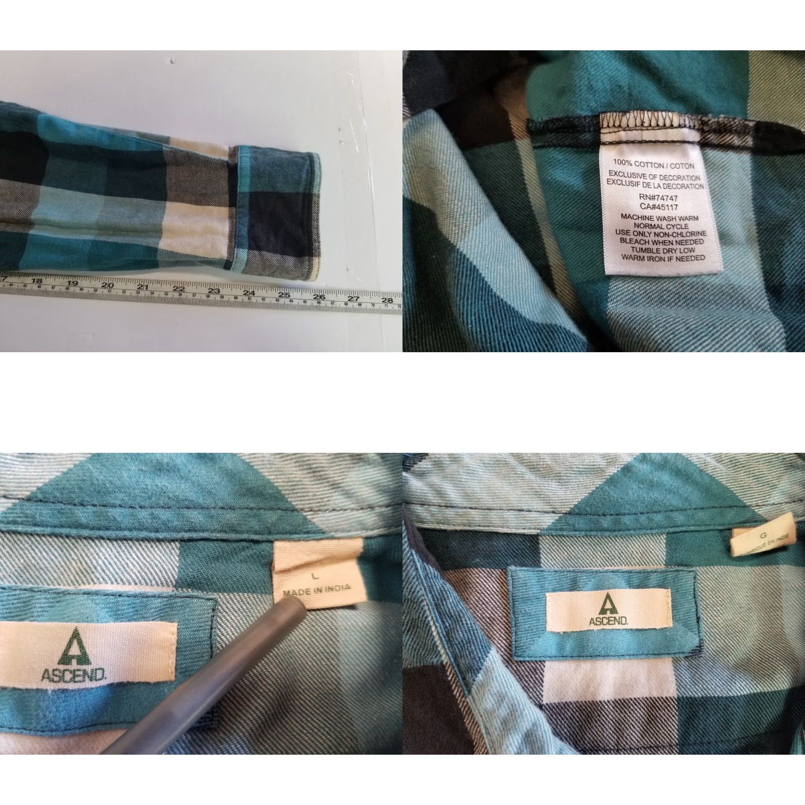 ASCENO Ascend Flannel Shirt Mens Large Blue Plaid Logo Button Up Long Sleeve Size US L / EU 52-54 / 3 - 8 Thumbnail