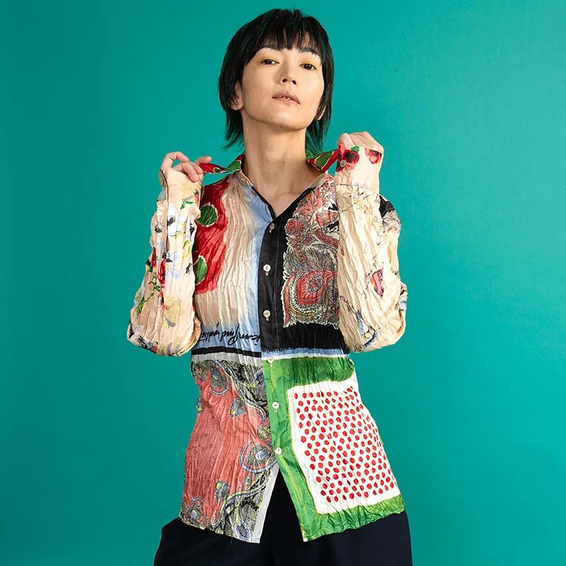 Jean Paul Gaultier Scarf Print Wrinkled Shirt in Black Green Red, Size 48 Size US M / EU 48-50 / 2 - 15 Thumbnail