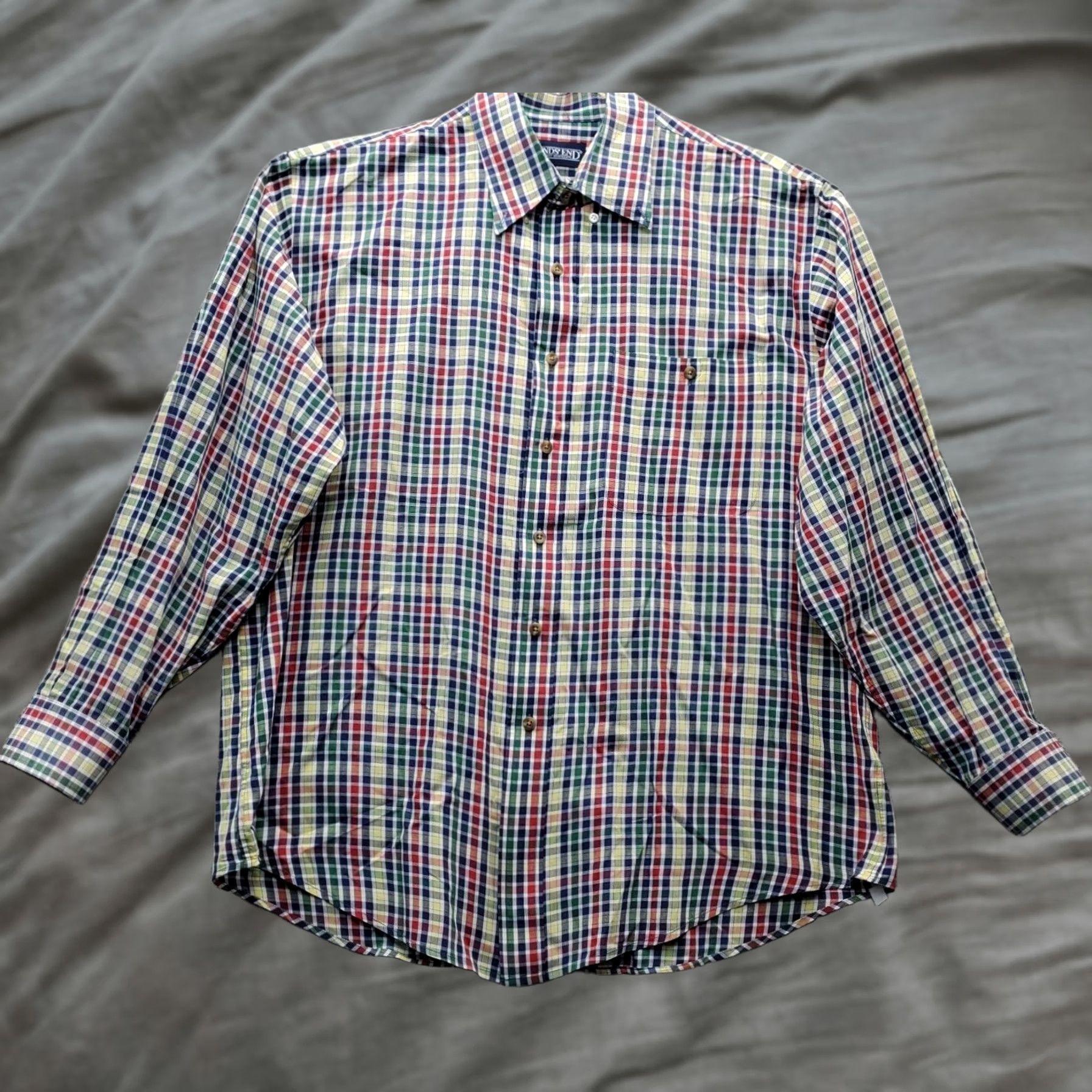 Lands' End Lands' End Dress Shirt Mens Large Multi Checkered Long Sleeve Pocket Button Down Size 42R - 1 Thumbnail