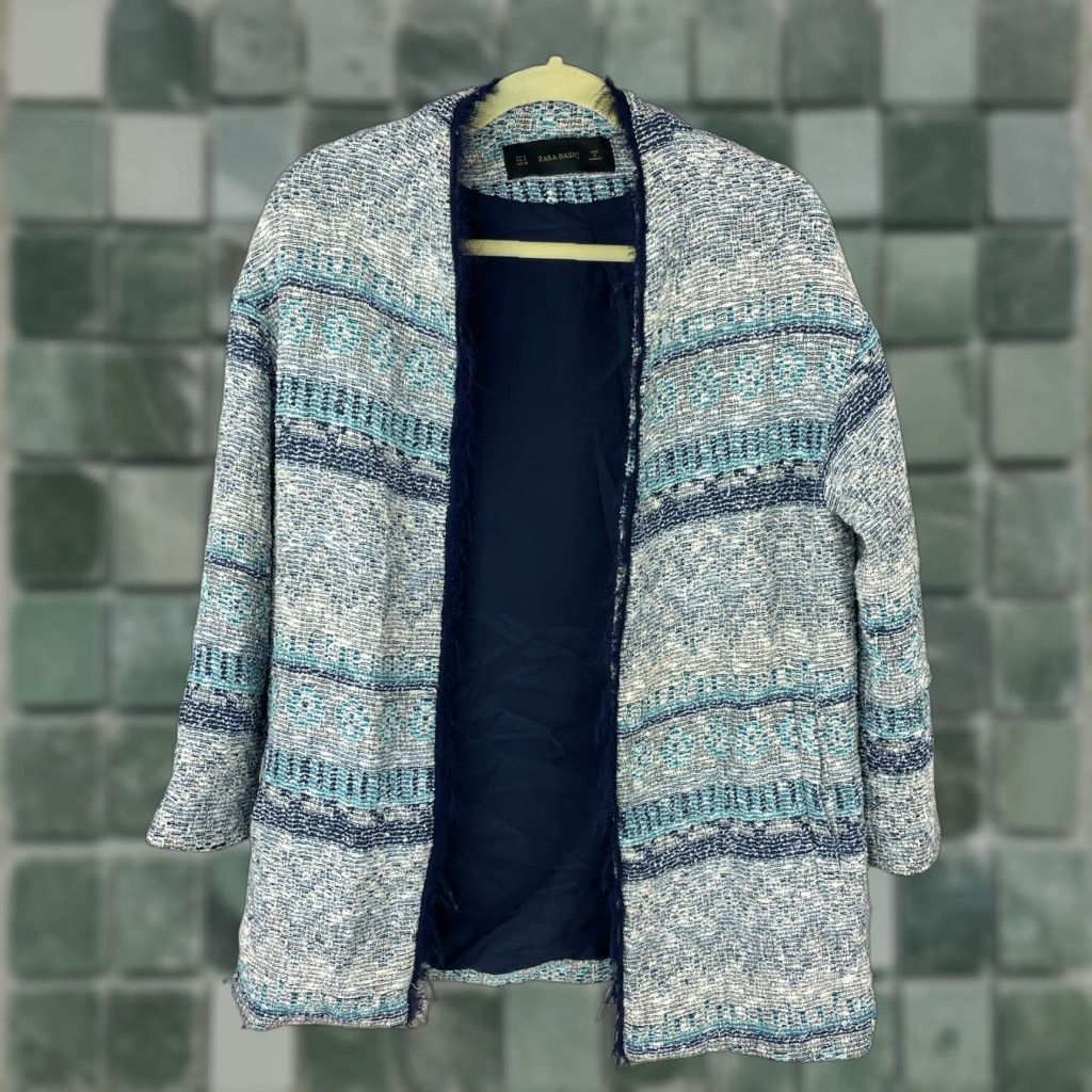 Zara Zara Basic Jacket Womens Small Blue Knit Lined Open Front Jacquard Long Sleeve Vintage No Size S / US 4 / IT 40 - 1 Thumbnail