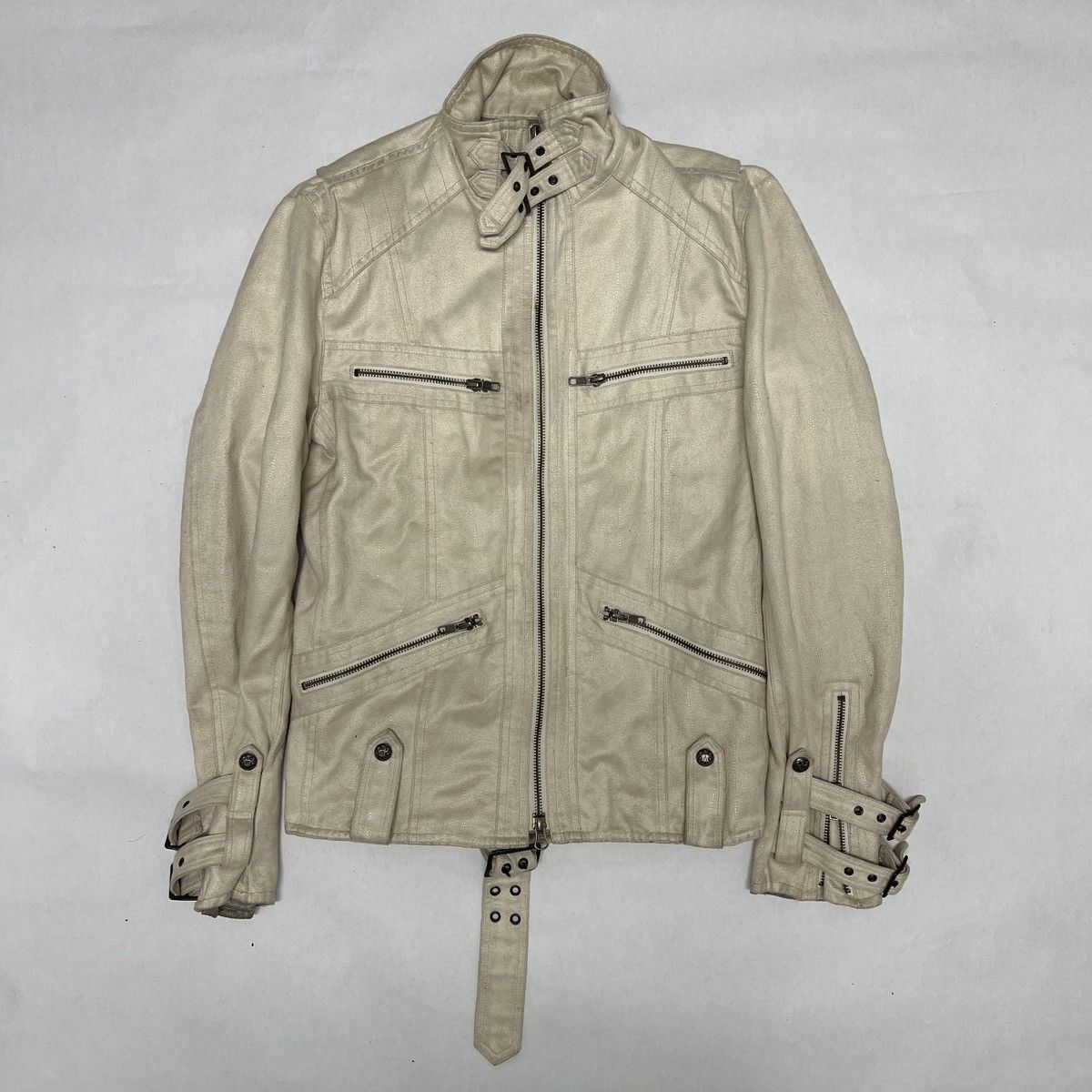 image of Schlussel Schlüssel White Leather Bondage Jacket in Cream, Men's (Size Medium)