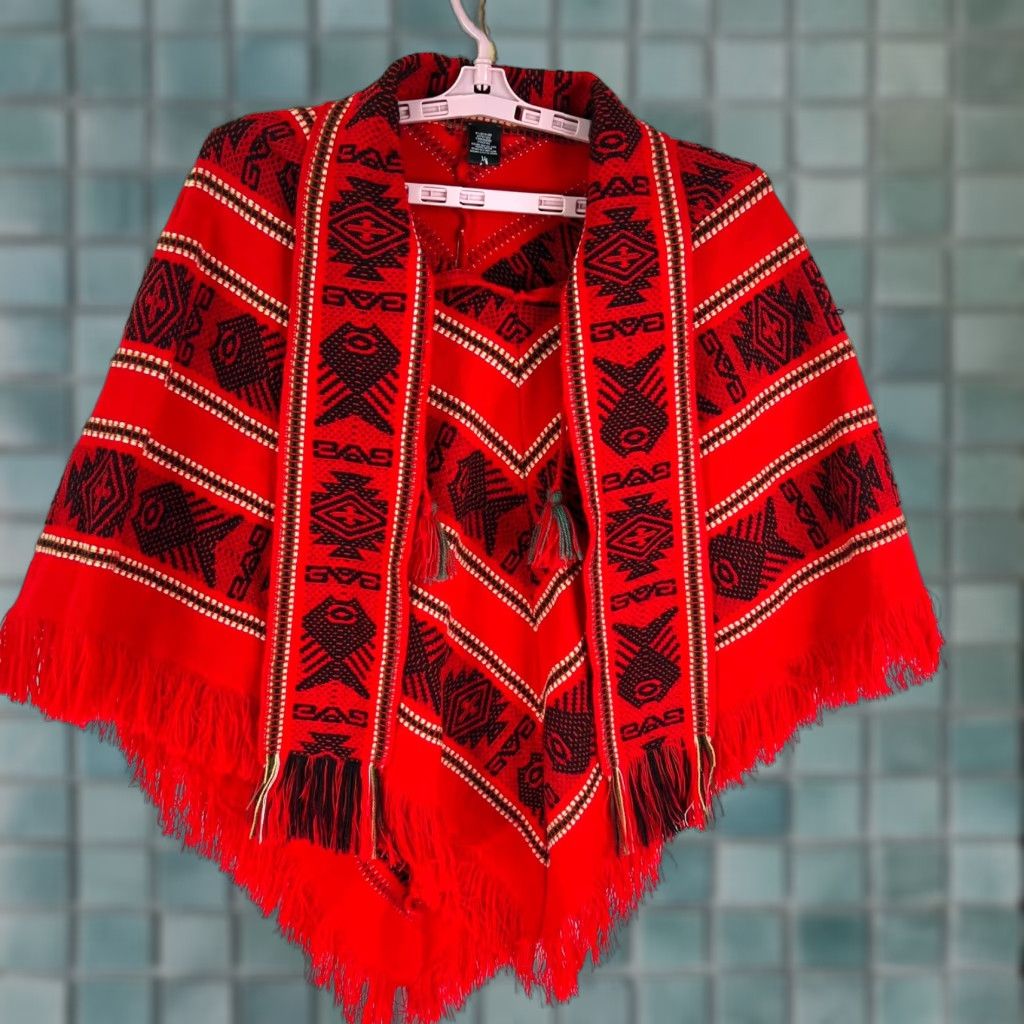Vintage Vintage Otavalito Hand Knit Woven Southwestern Aztec Ethnic Red Boho Cape 1970s One Size Womens Size ONE SIZE - 1 Thumbnail