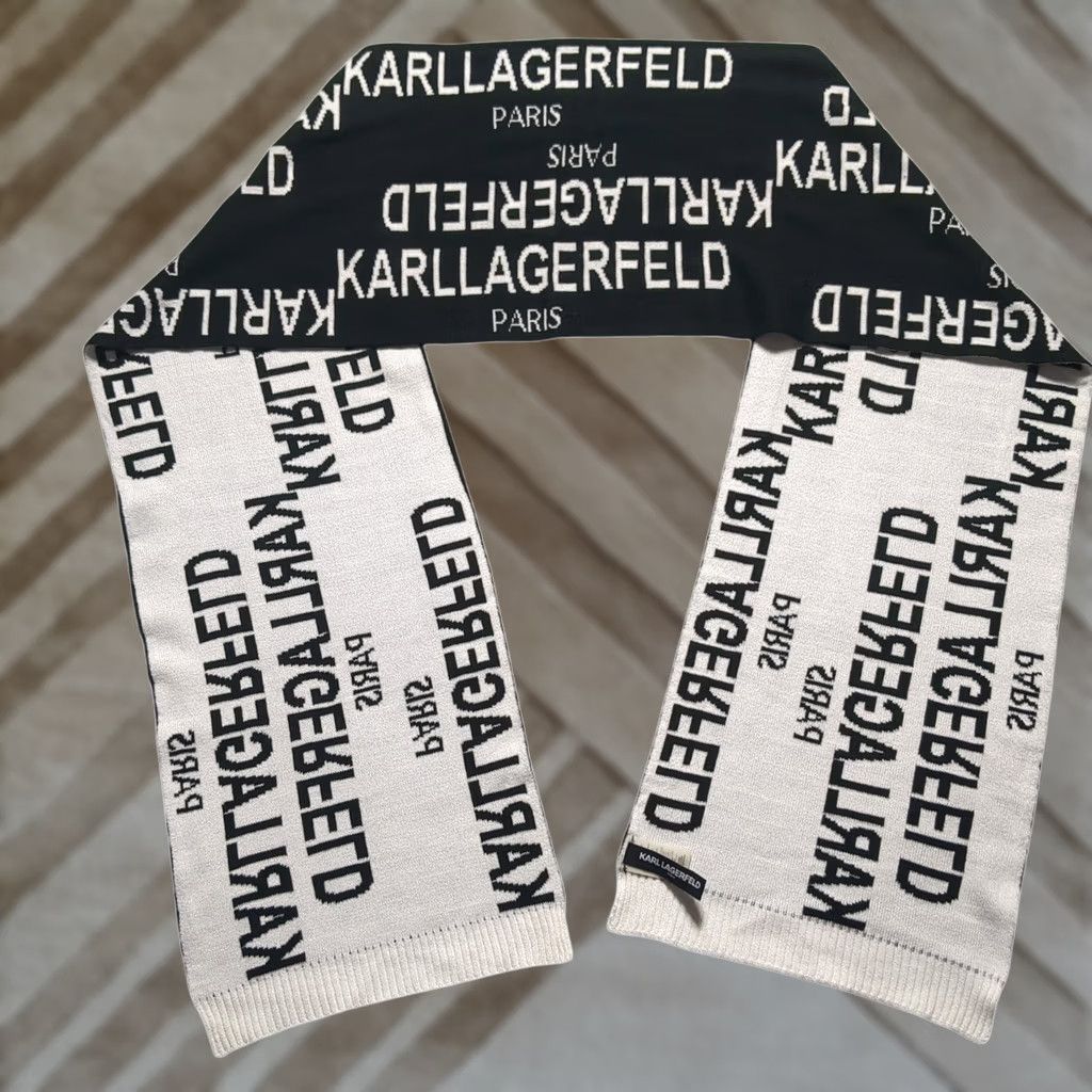 Karl Lagerfeld Karl Lagerfeld Paris Scarf Black White Logo Knit Acrylic Reversible 70x10 EUC Size ONE SIZE - 1 Thumbnail
