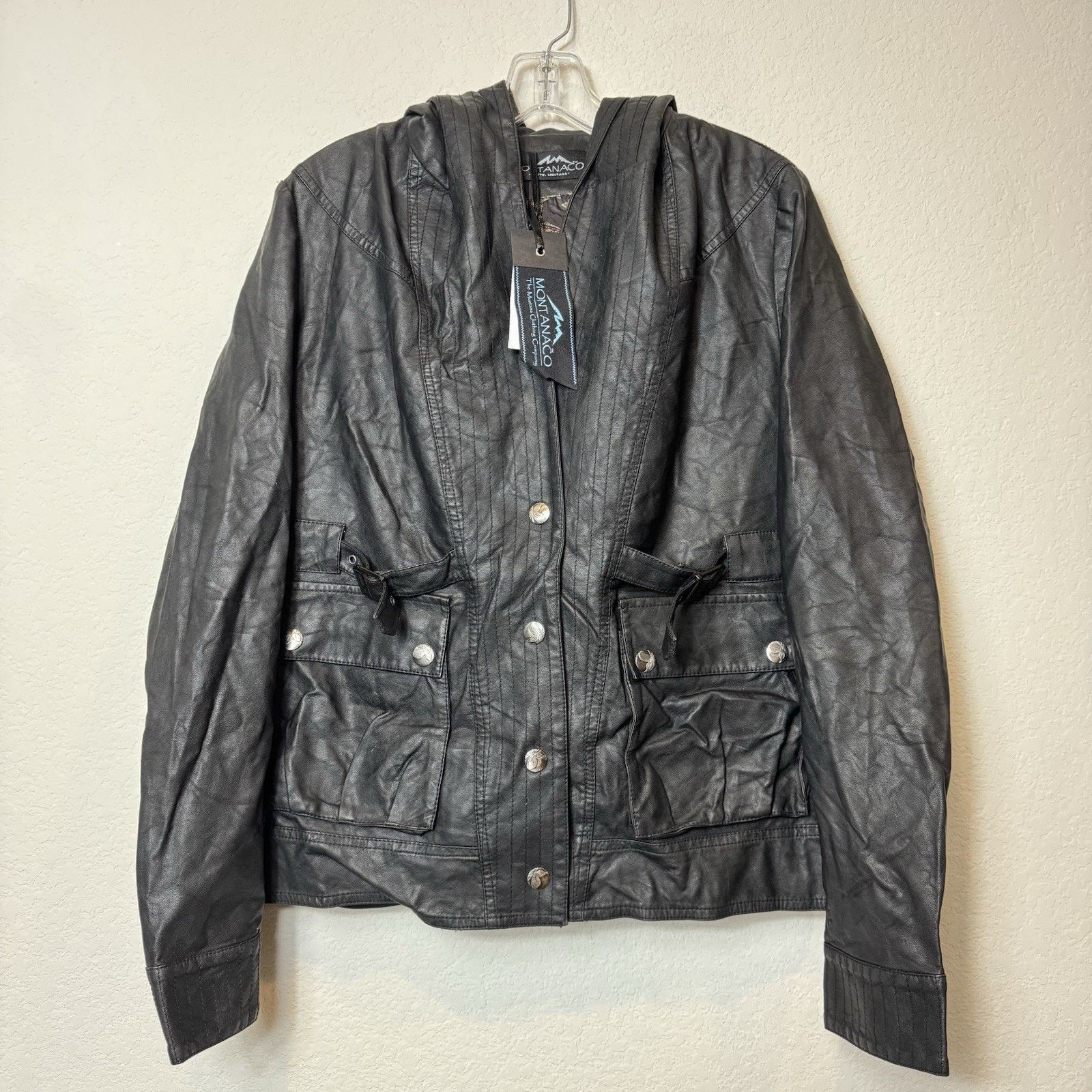 Other MontanaCo Faux Black Leather Hooded Jacket Buckle Women’s M Size M / US 6-8 / IT 42-44 - 14 Thumbnail