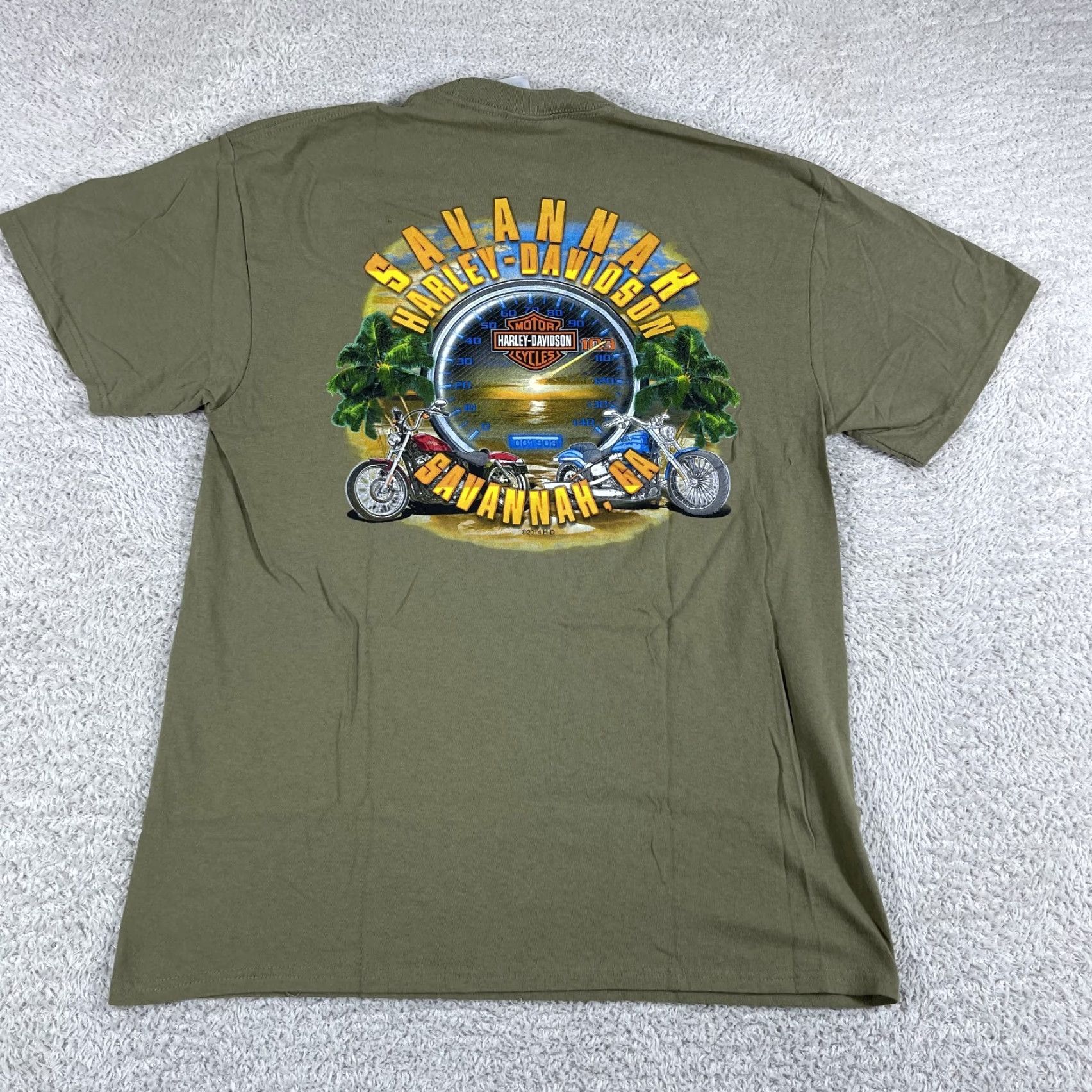 Harley Davidson Harley-Davidson T-Shirt Mens Large Olive Green Biker Y2K Savannah Grunge Skate Short Sleeve Crew Neck Cotton Graphic Print Size US L / EU 52-54 / 3 - 4 Thumbnail