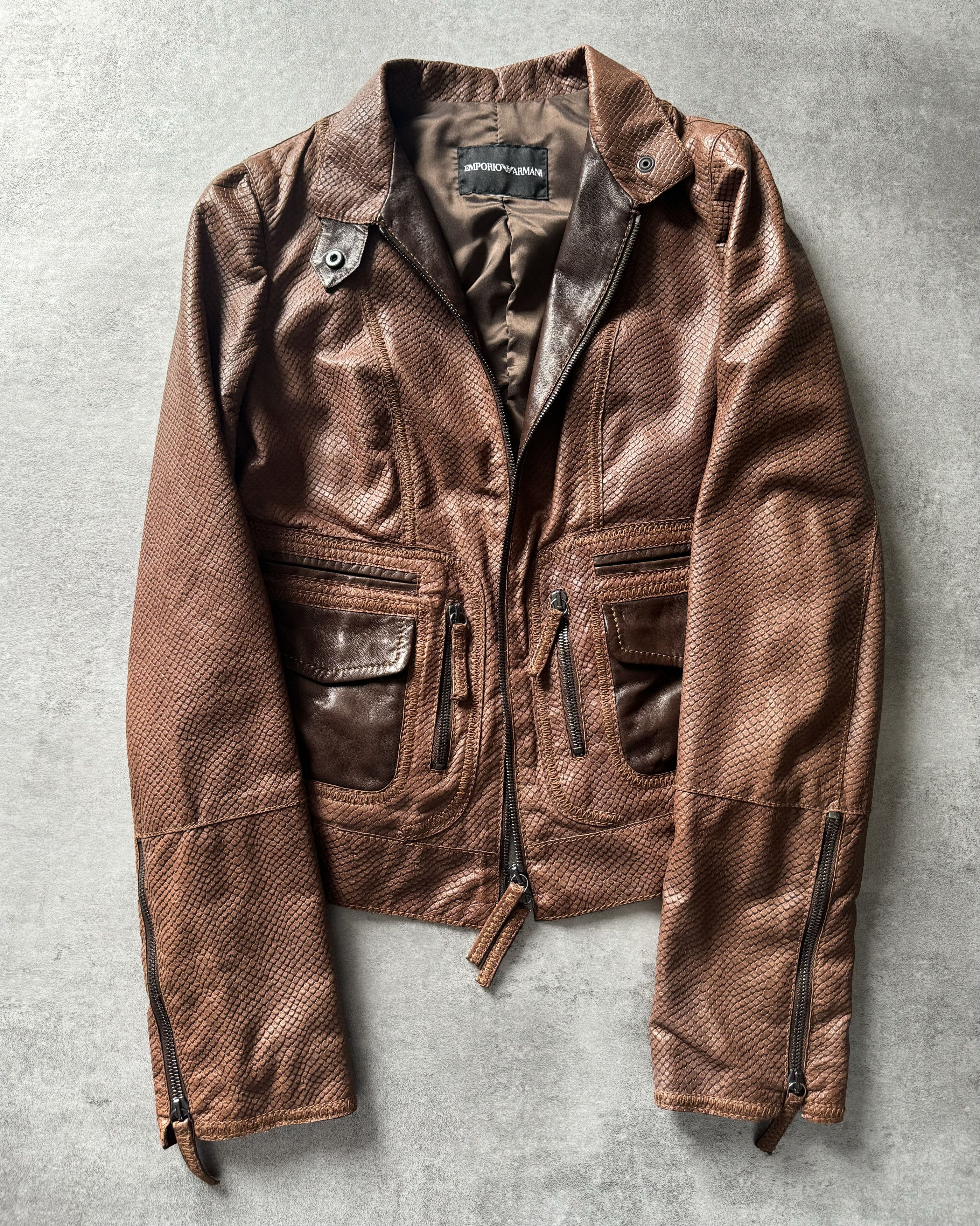 Image of Archival Clothing x Emporio Armani Aw2007 Emporio Armani Python Effect Brown Leather Jacket (Size X