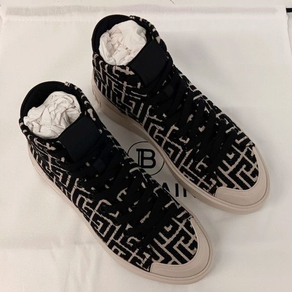 Balmain Balmain B-Court Bicolor Monogram Jacquard High-Top Sneakers Size US 7 / IT 37 - 2 Thumbnail
