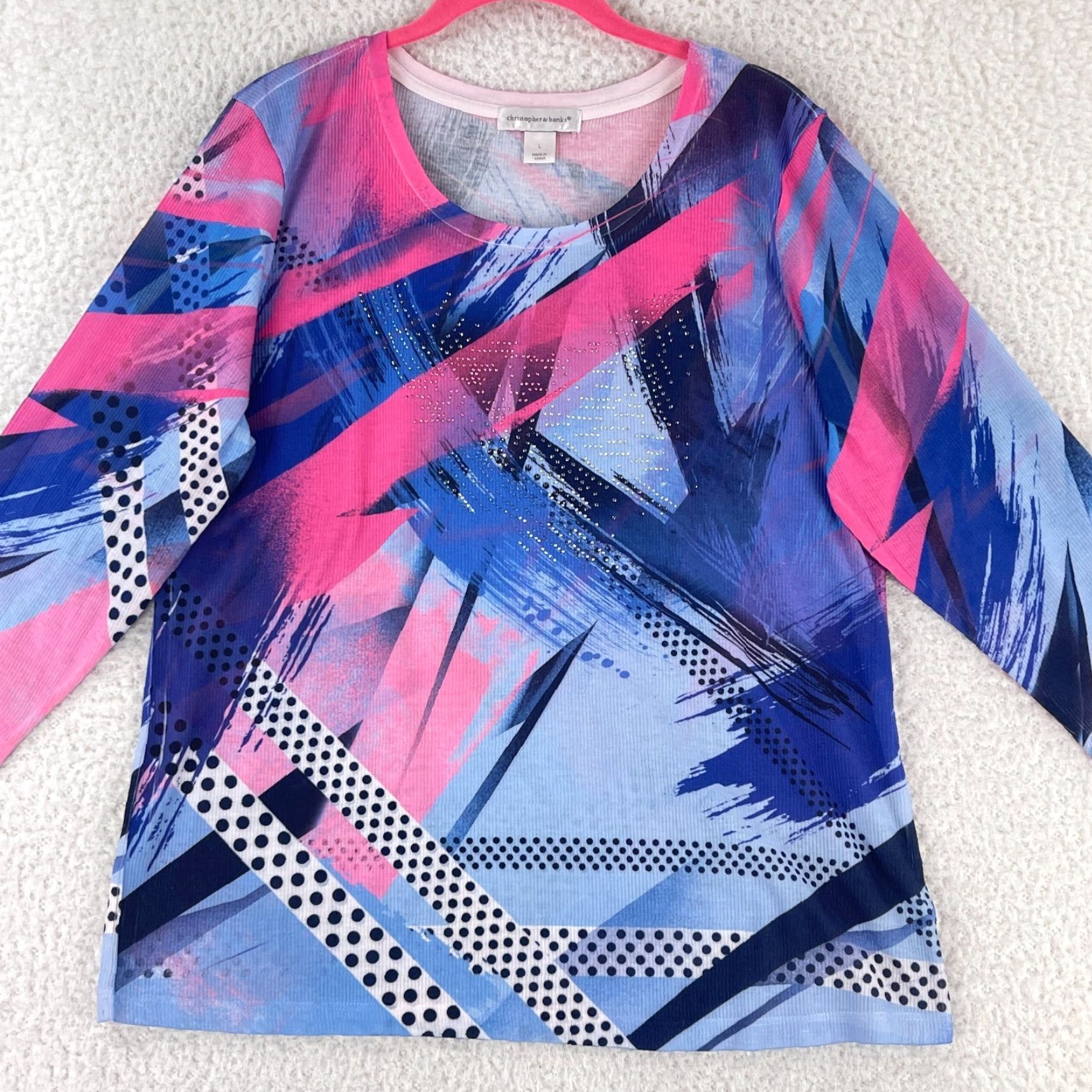 Vintage Christopher & Banks Shirt Womens Large Pink Mixed Media Pullover 3/4 Sleeve Knit Geometric Pattern Casual Size L / US 10 / IT 46 - 2 Thumbnail