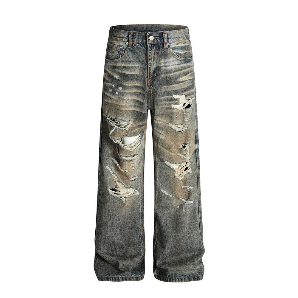 Men's punk distressed washed loose heavy ripped jeans