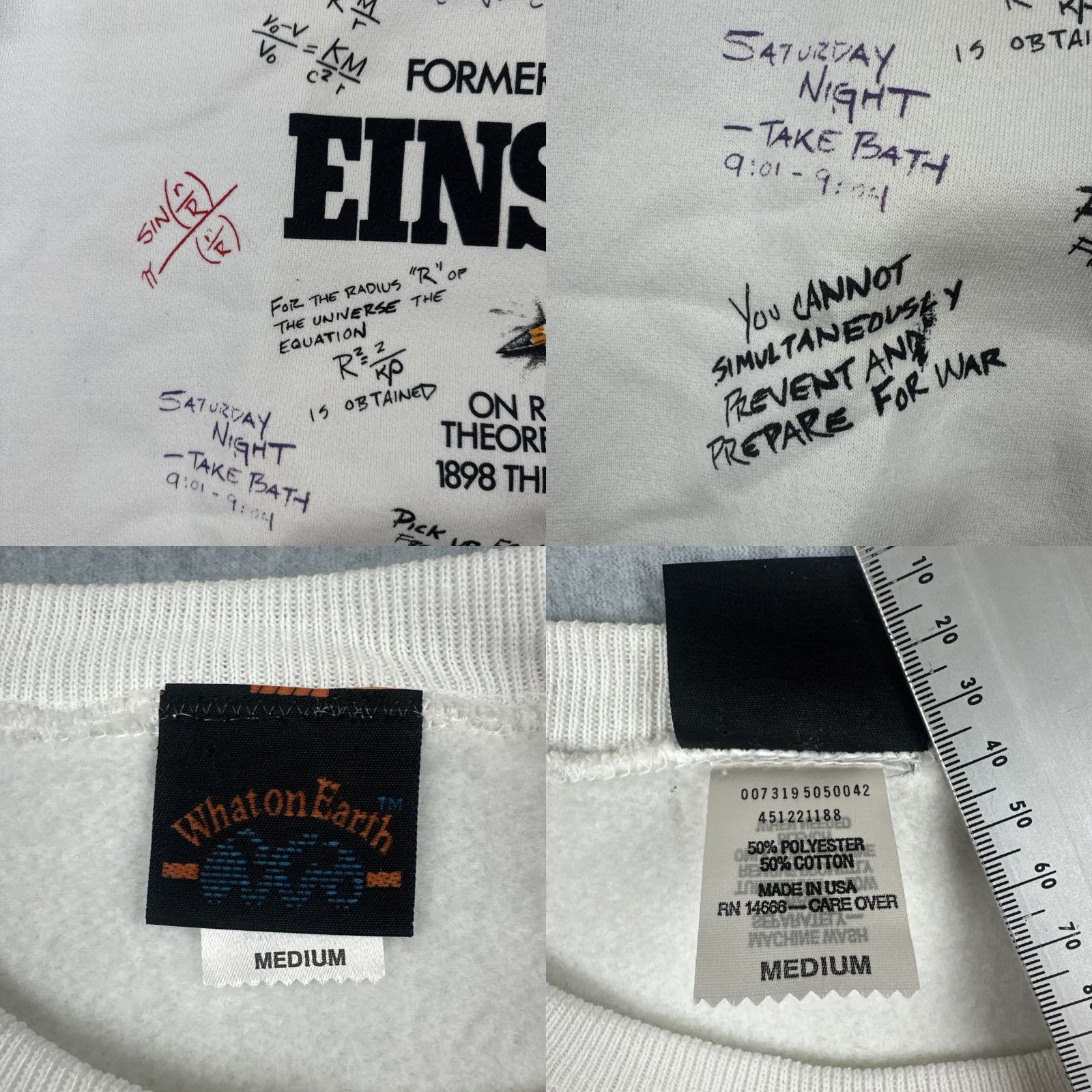 Vintage VINTAGE What On Earth Sweatshirt White Crew Neck M Mens Graphic Print Einstein Theoretical 90s Science Size US M / EU 48-50 / 2 - 9 Thumbnail