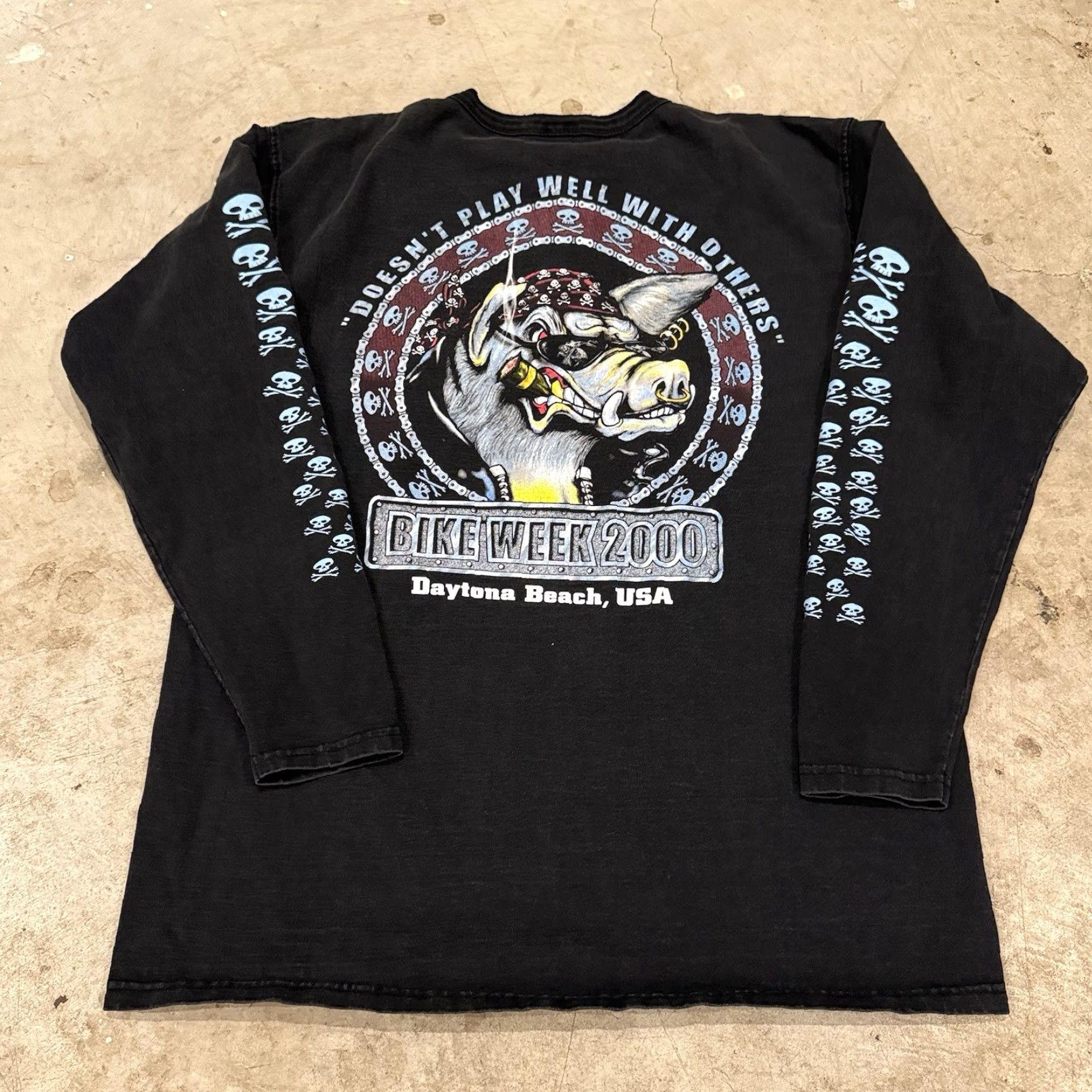 Vintage VINTAGE 90s Bike Rally Hog Skulls Long Sleeve Henley Mens Large CRAZY GRAPHIC Shirt Size US L / EU 52-54 / 3 - 3 Thumbnail