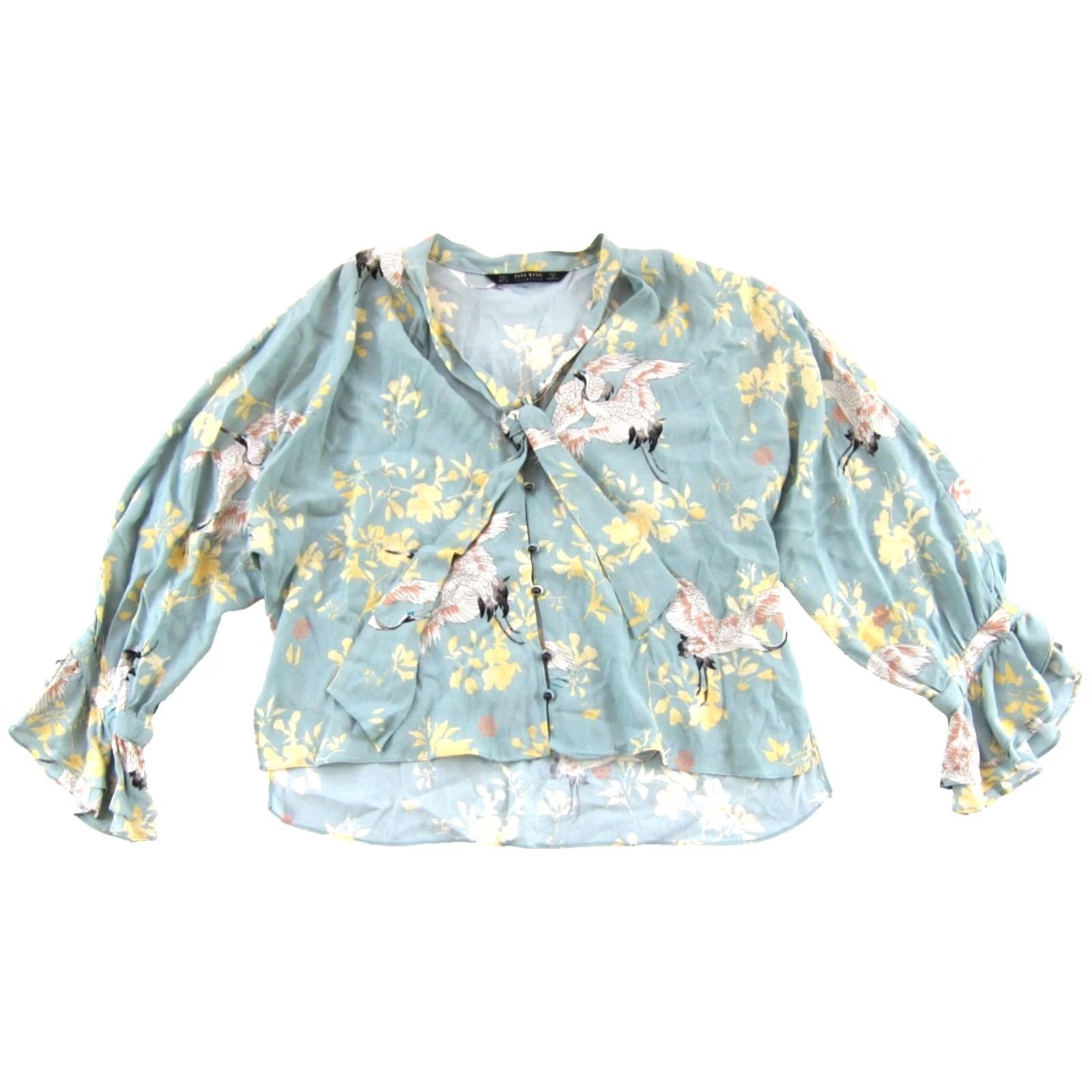 Zara ZARA Basics Blouse Shirt Womens L Blue Floral Bird Ruffle Long Sleeve Crew? Note: This is not allowed to add words or guess. Size L / US 10 / IT 46 - 2 Thumbnail
