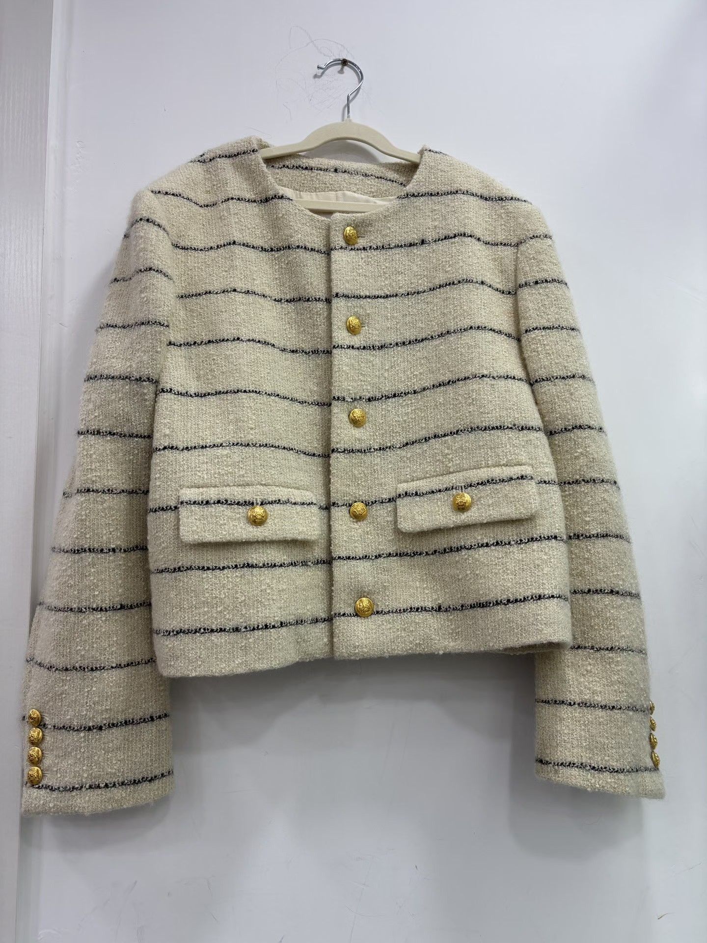 Celine Celine Beige Striped Gold Button Cropped Jacket Size S / US 4 / IT 40 - 1 Thumbnail