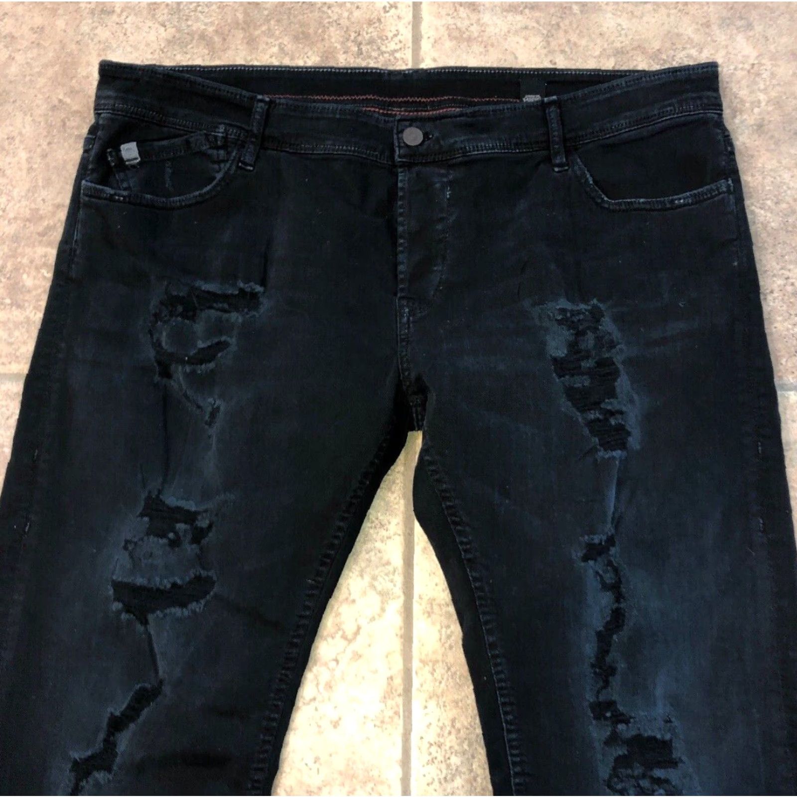 Vintage Creation Francaise Mens Black Distressed Straight Jeans 40 x 33 Button Fly Mens Size US 40 / EU 56 - 2 Thumbnail