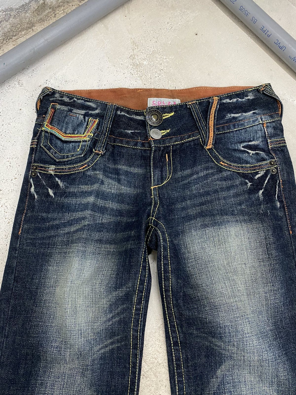 Japanese Brand Flare Colza Japan Mud Washed Whisker Buckle Low Rise Denim Size 29" - 5 Thumbnail